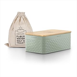 LARS NYSØM Bread Box I Metal bread box with linen bag for long lasting freshness I Baked goods Bin with bamboo lid usable as cutting board I 13.4x7.3x5.3In (Sage Green)