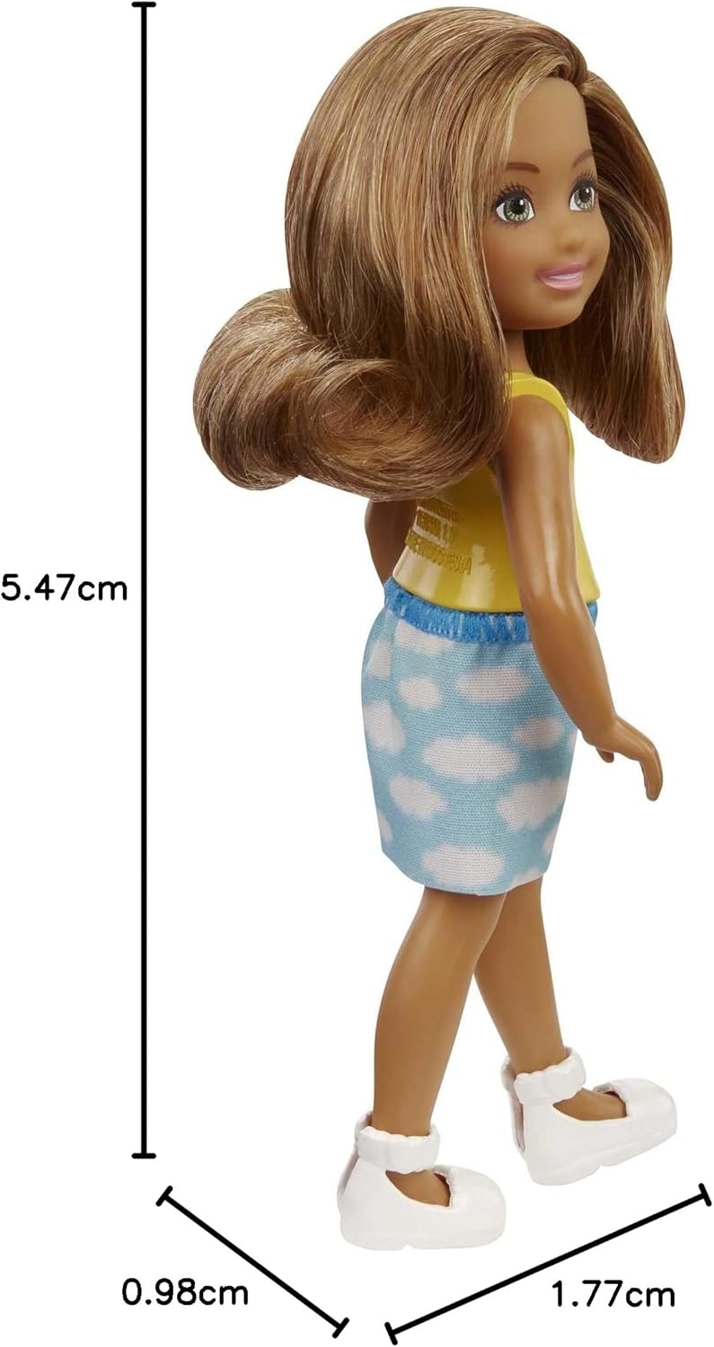 Barbie Chelsea Doll (6-inch Brunette) Wearing Skirt with Cloud Print and White Shoes, Gift for 3 to 7 Year Olds