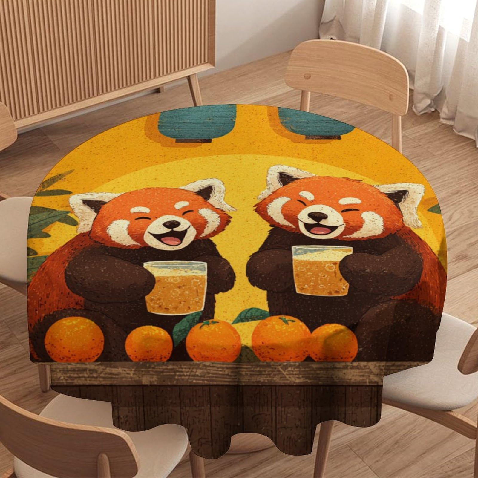 LUYYSKY Rustic Funny Red Panda Waterproof Round Tablecloth Classic Modern Botanical Plants Animals Red Pandas Pattern Washable Table Cover for Kitchen-127 Wx127 L cm
