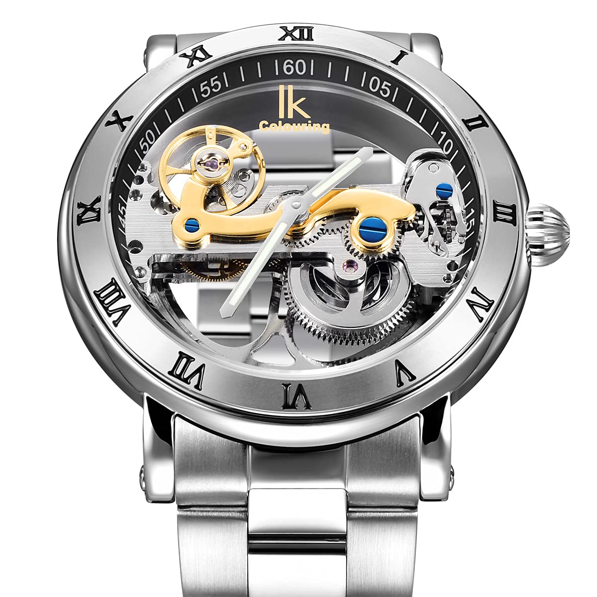 Alienwork IK Automatikuhr Armbanduhr Herren Damen Silber Edelstahl Metallarmband Skelett Glasboden