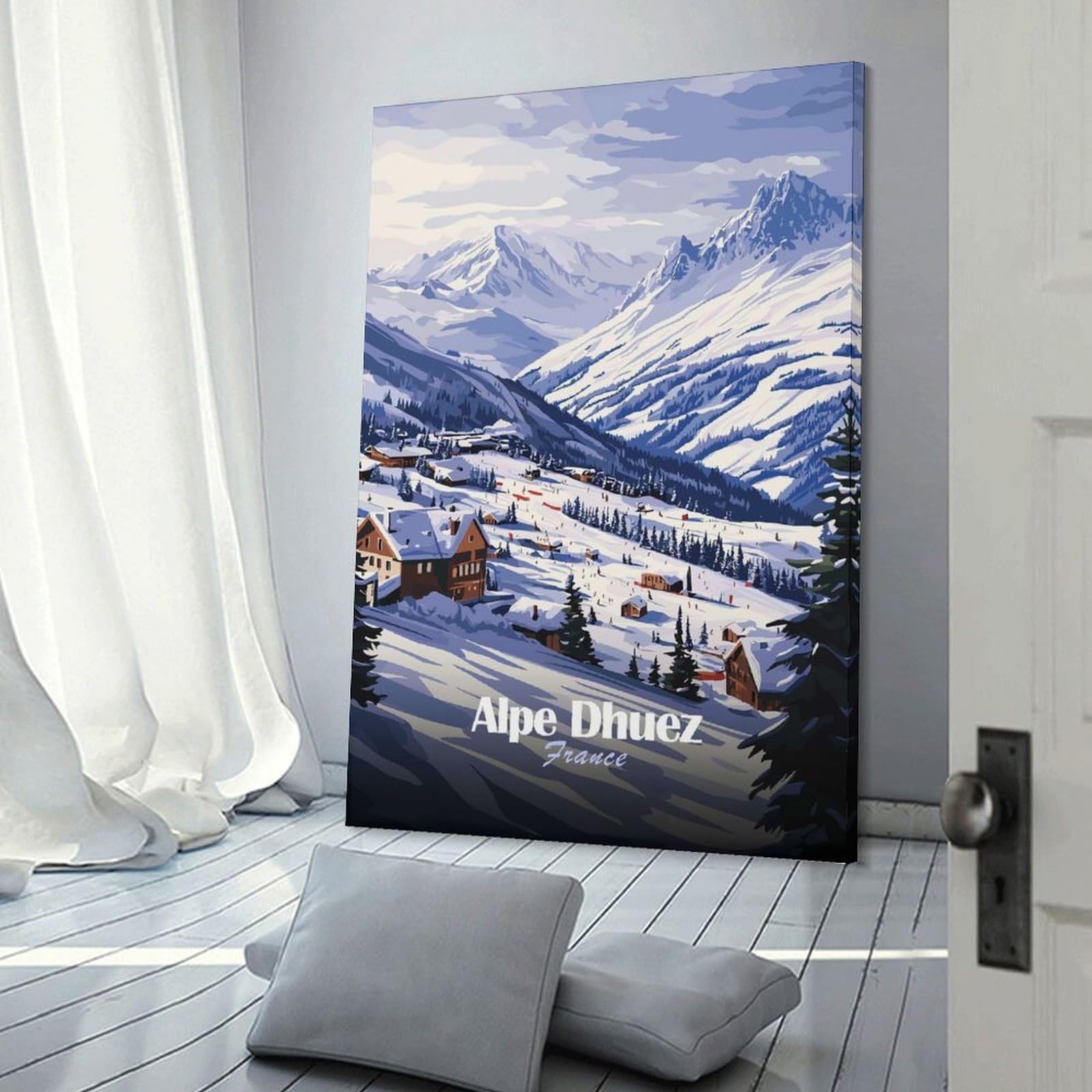 Junmoney Frame-Style-14 Wall Decor Canvas Print Alpe Dhuez Ski Resort, 24X36inch(60X90cm), For Front Hall, Corridor Or Welcome Spaces, A Neat Decor Update For Hallways