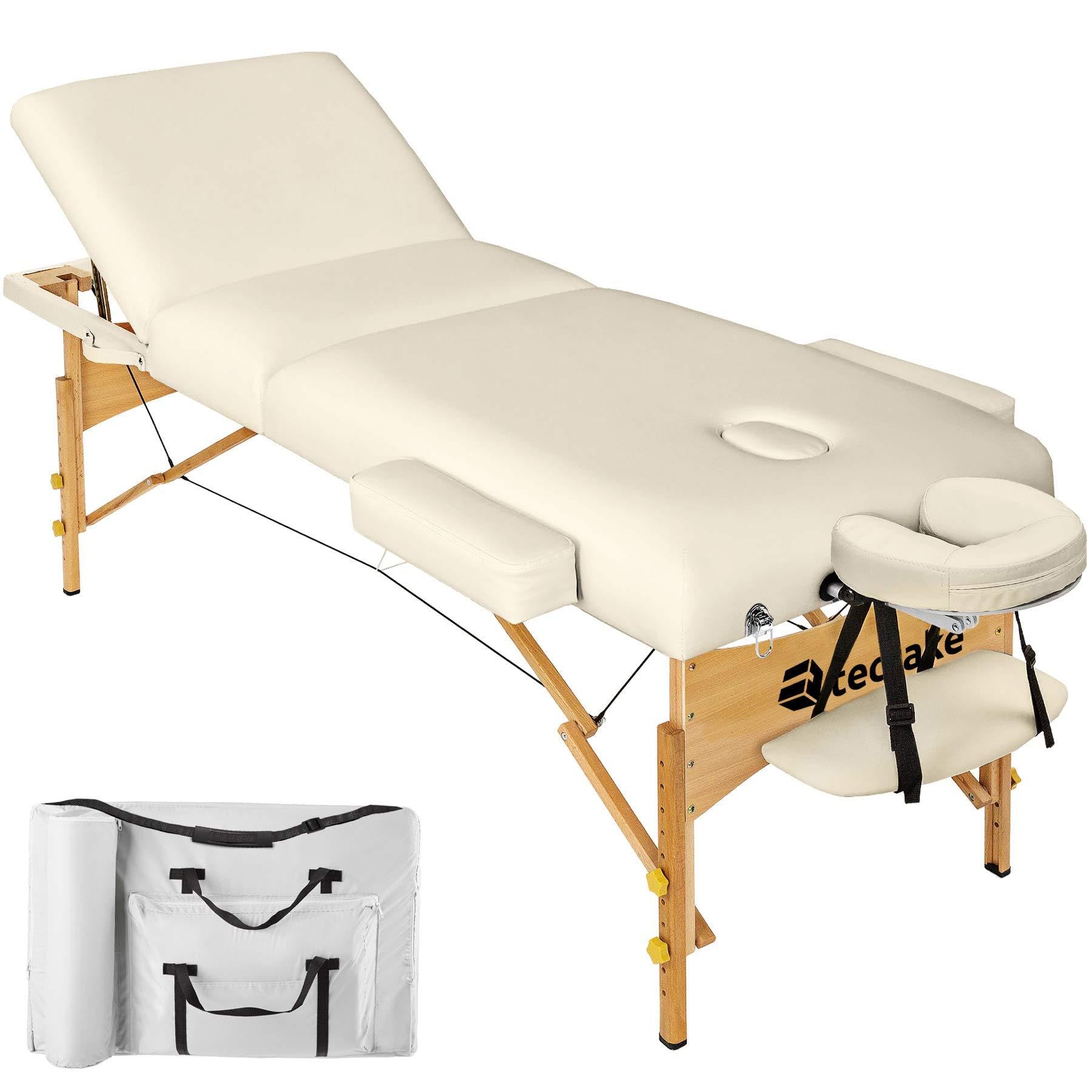 tectake Camilla Masaje Plegablle para Fisioterapia Tatuajes Quiromasaje, Camilla Portátil Ajustable para Estética Belleza, Carga 250kg y Acolchado de 7,​5cm, con Accesorios - Beige