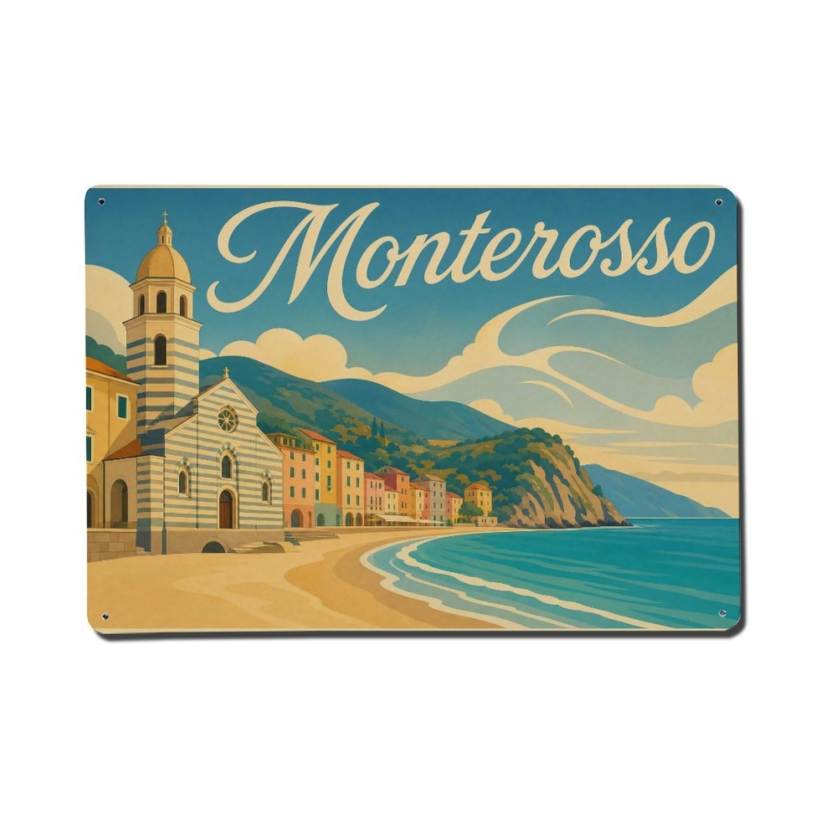 Vintage Travel Monterosso Beach Church Seaside Italy Metal Tin Sign