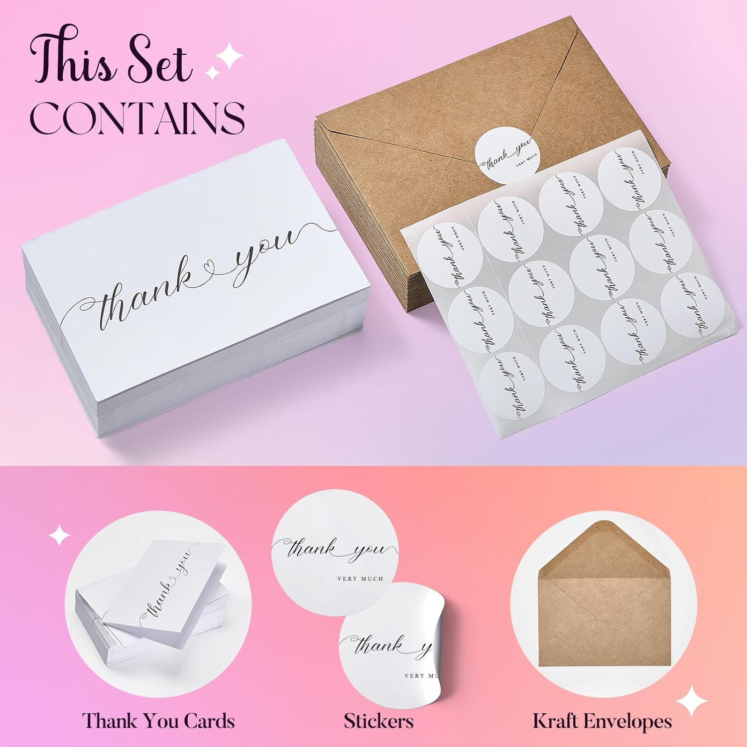 ACSTEP 1500PACK Small Thank You Cards with Brown Kraft Envelopes For Business, Weddings, Bridal Shower, Baby Shower, Graduation, Funeral 4X6 inch With Sticker