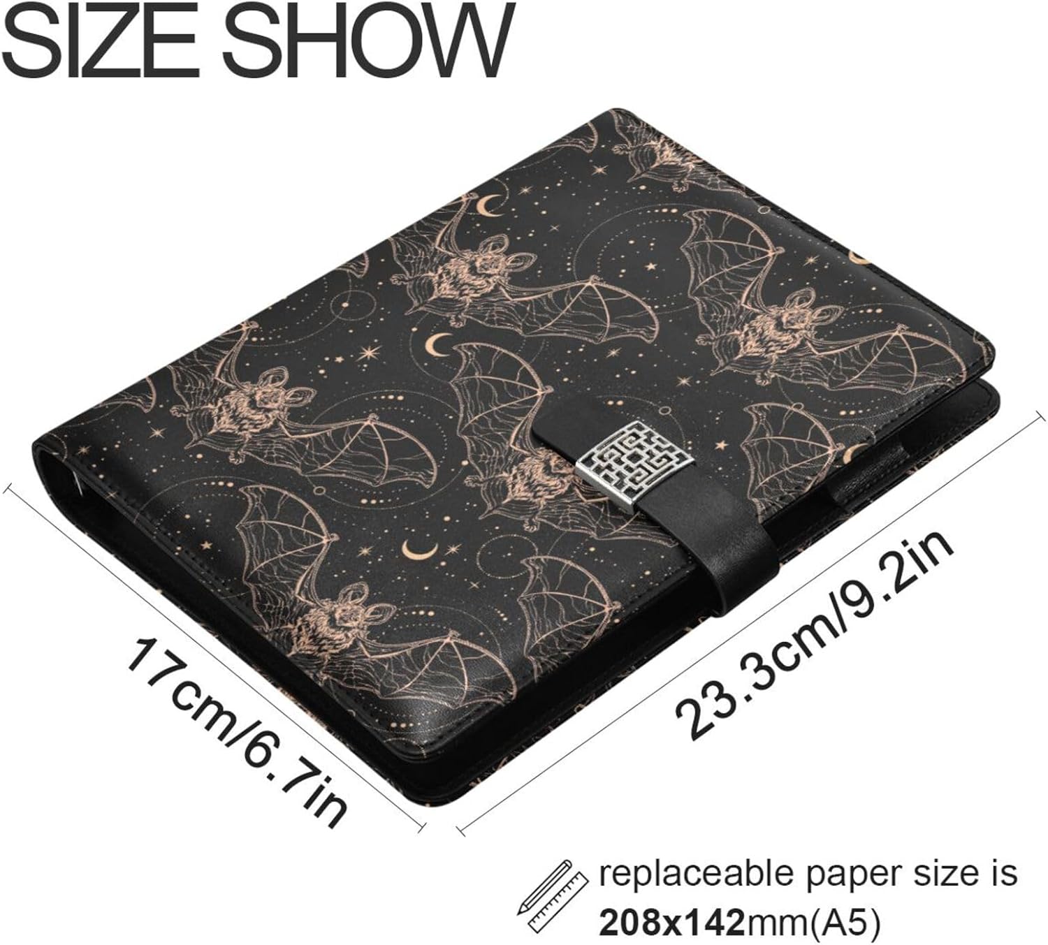 Shiny Bats PU Leather Notebook Binder A5 6 Ring Refillable Journal with Magnetic Buckle Closure Travel Planner Notebook Binder for Business Cards,Office, Halloween