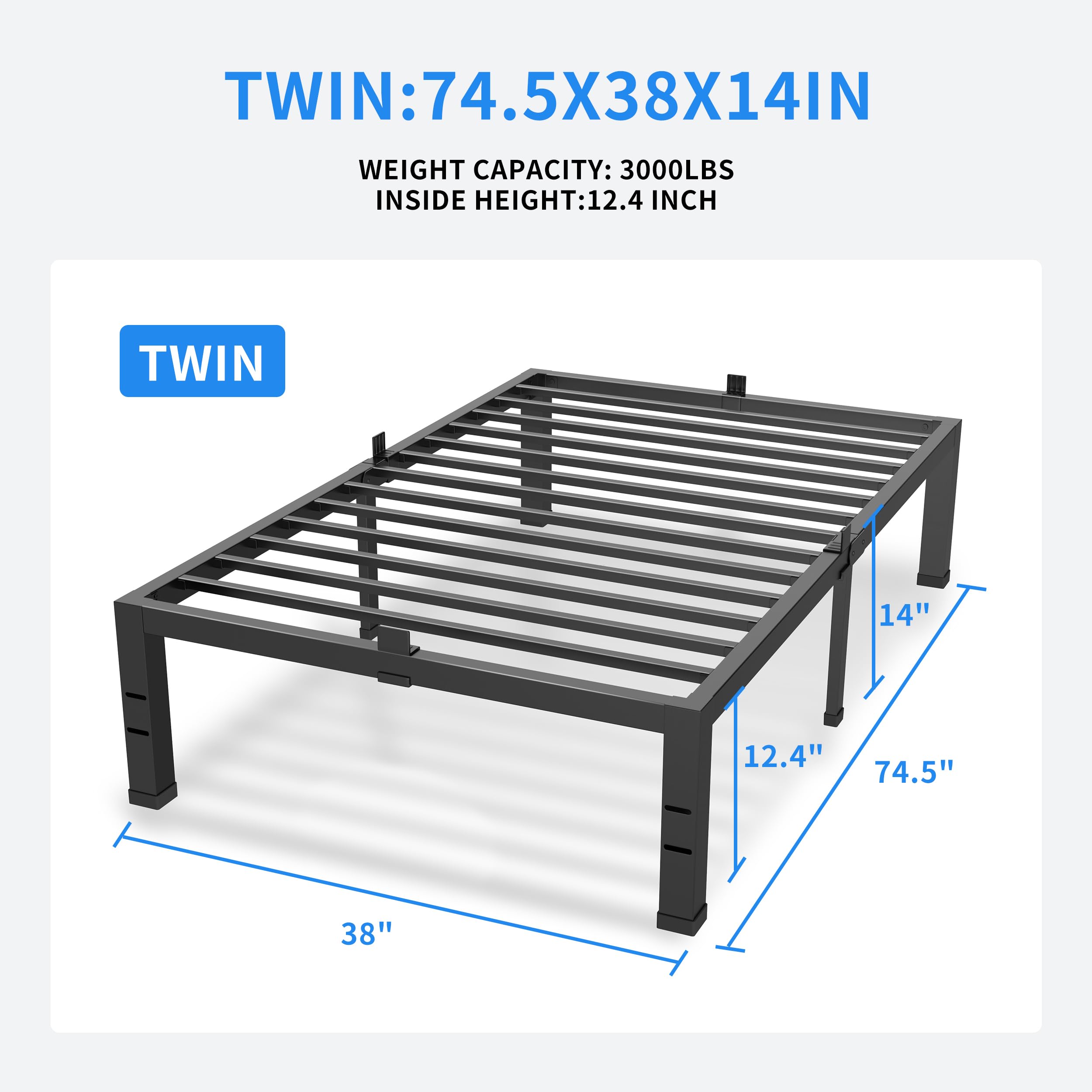 Marco de cama individual con plataforma de metal de 14 pulgadas, marco de cama con listones de acero negro resistente, sin ruido, no necesita somier 4