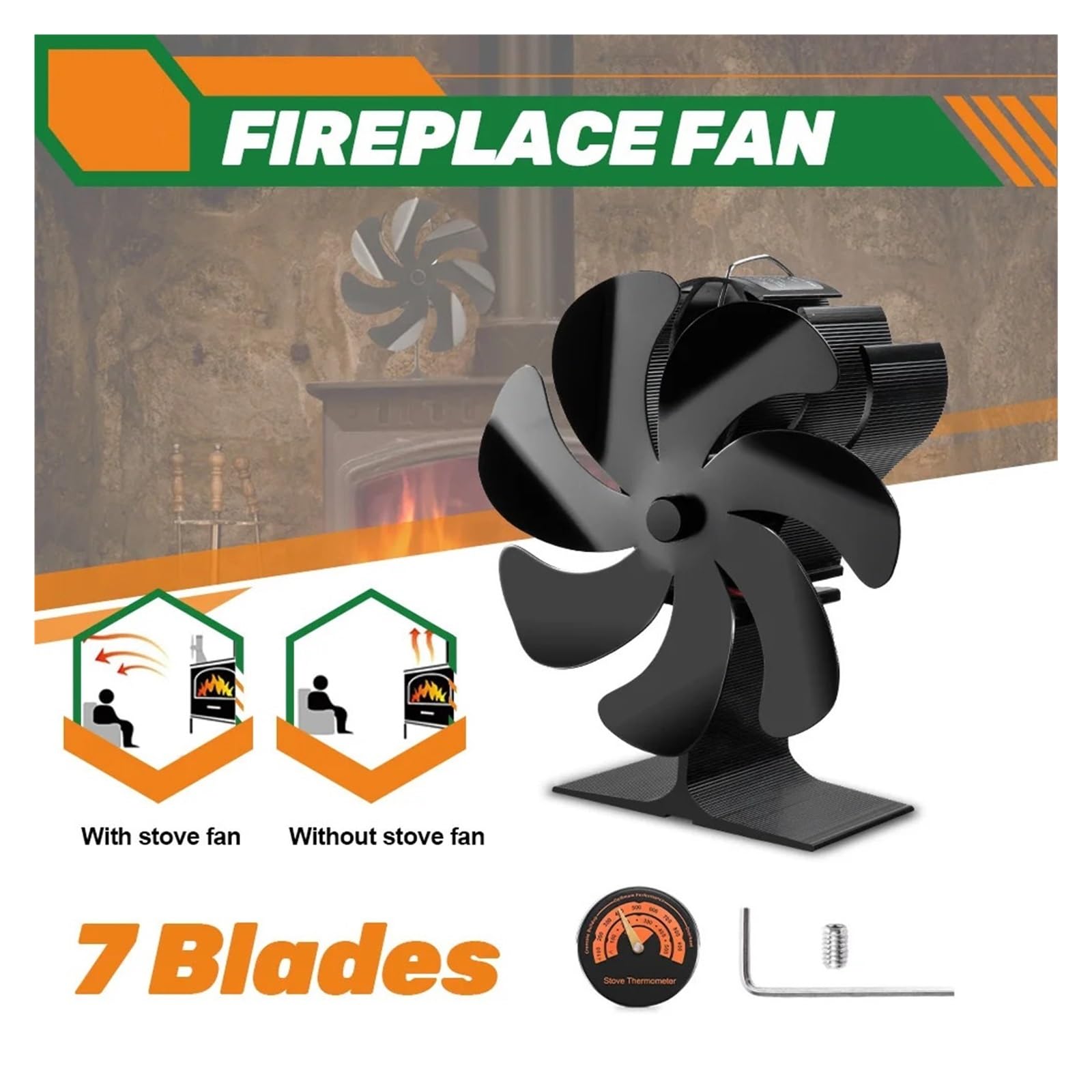 Ventilador Estufa Leña Ventilador For Hogar Negro Con 7 Aspas, Estufa De Calor, No Requiere Batería Ni Electricidad, Quemador Leña, Ecológico Silencioso(1 PCS-7 Blade)