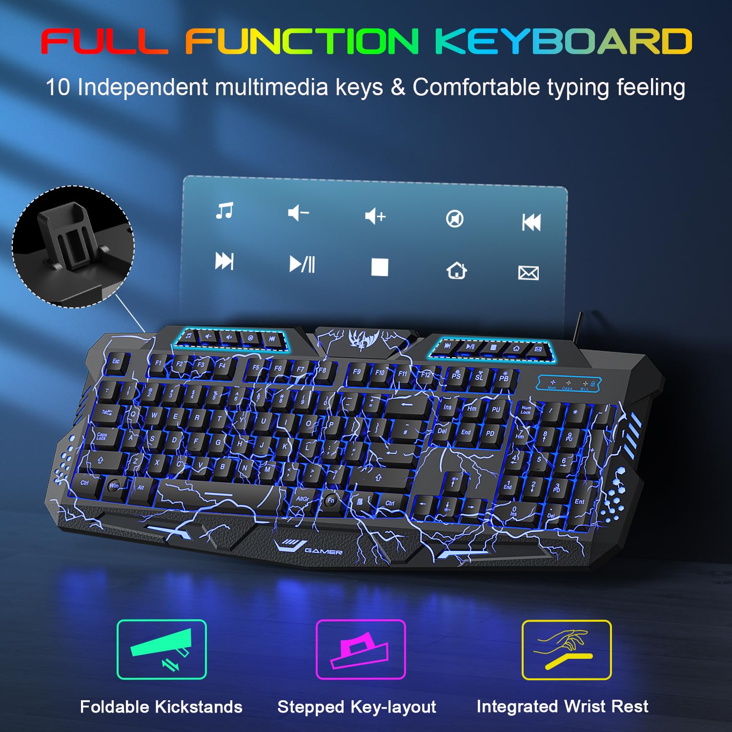 BlueFinger Tastiera da gioco retroilluminata, mouse e cuffie a LED, con cavo USB, retroilluminato a 3 colori, con luce LED blu, set per lavoro e gioco