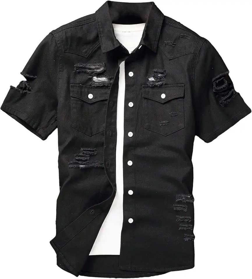 Floerns Men's Causal Ripped Button Front Dual Pocket Short Sleeve Denim Shirt Without Tee