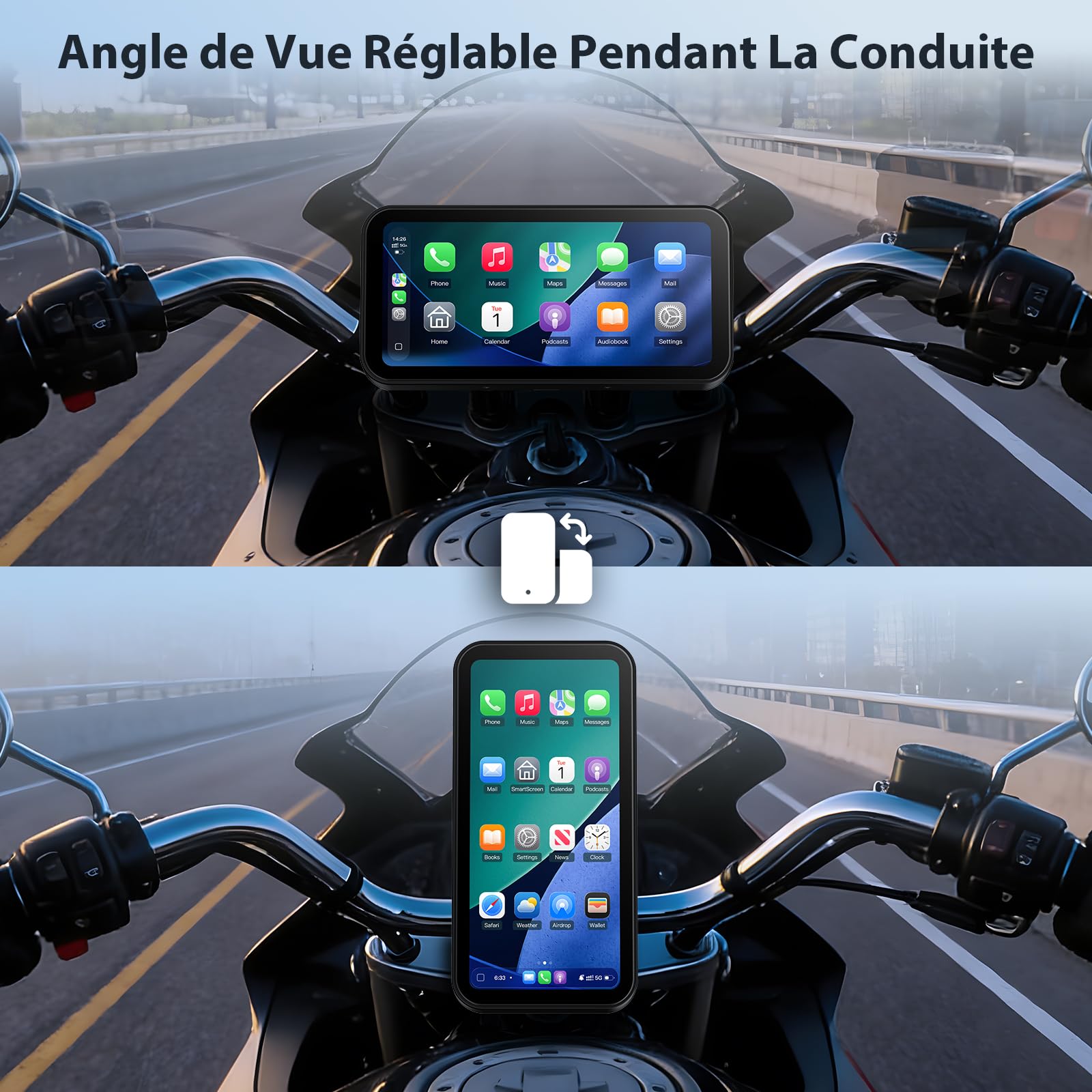 Écran Moto CarPlay 6 Pouces A622, CarPlay et Android Auto sans Fil, Écran Tactile Étanche IP67, TPMS, Double Bluetooth, GPS, Alimentation USB/ACC, Compatible avec Toutes Les Motos