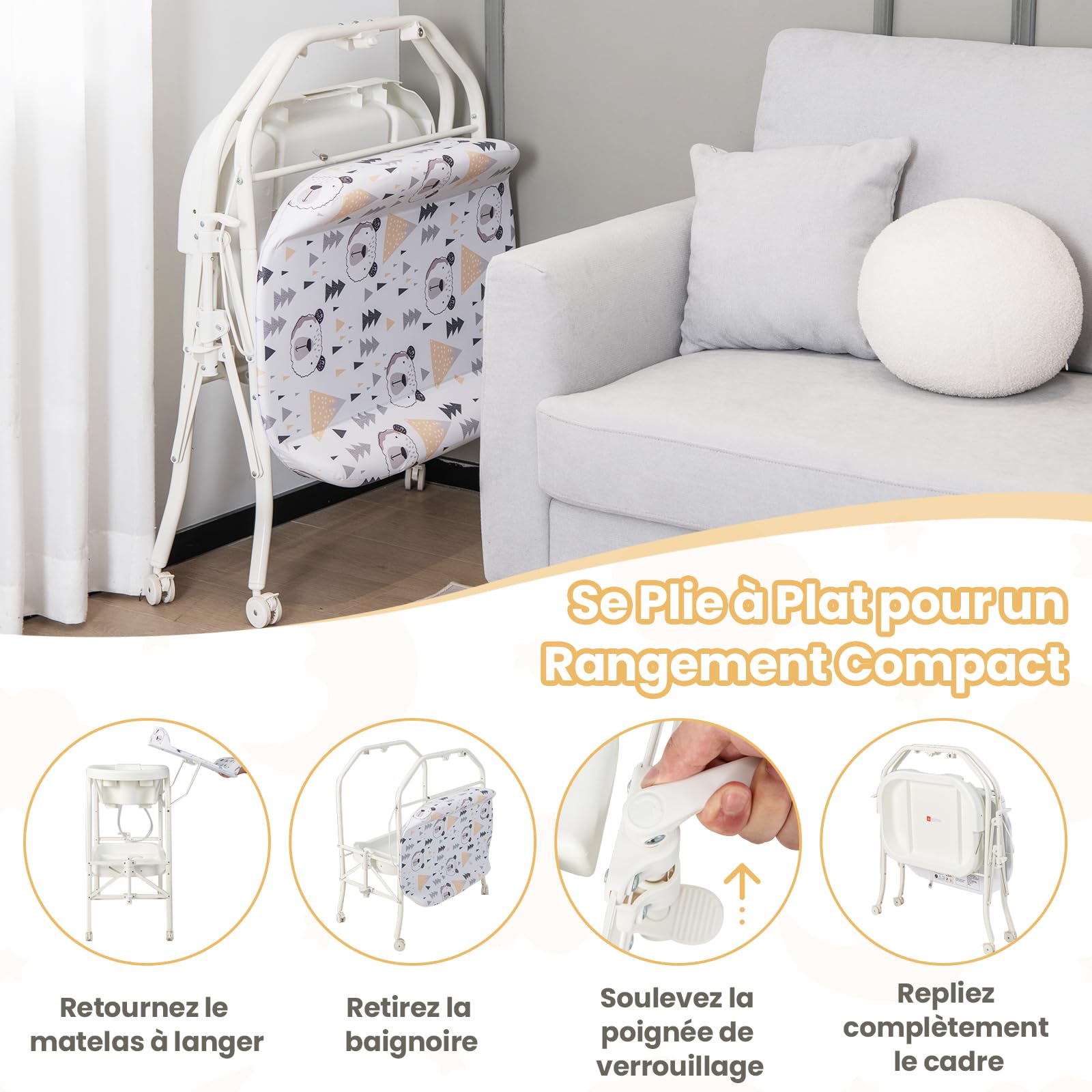 COSTWAY Table à Langer 2 en 1 avec Baignoire 20L Plateau de Rangement, Commode à Langer Pliable Couches Étanches Roue Universelle à Frein Charge 35KG, pour Bébé 0-12 Mois (Blanc)