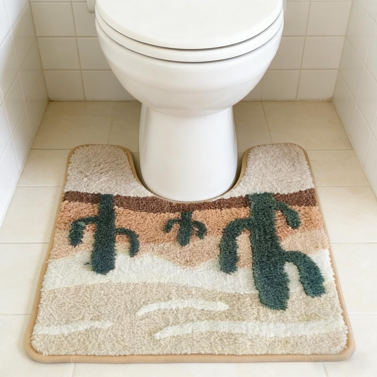 AVEKI Desert Cactus Toilet Mat, U-Shaped Non-Slip Bath Rug with Soft Absorbent Microfiber, Beige Brown Bathroom Floor Mat for Toilet Base, Machine Washable Bathroom Decor 22x20 Inch (Desert-Toilet) — image 1