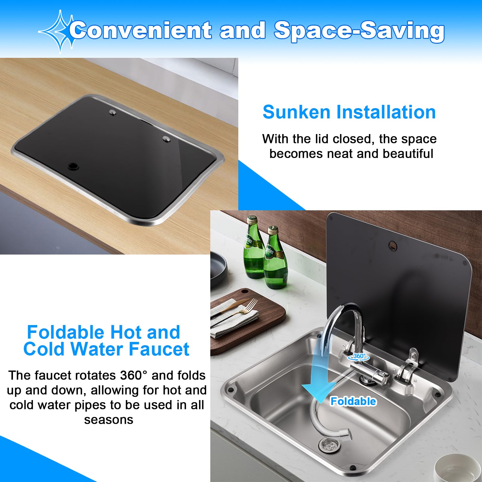 RV Camping Spüle Bausatz mit Klappbarem Wasserhahn, 42 * 37 * 15 cm Edelstahl Camping Spülbecken mit Deckel, Wohnmobil Spülbecken für Wohnmobile und Wohnwagen