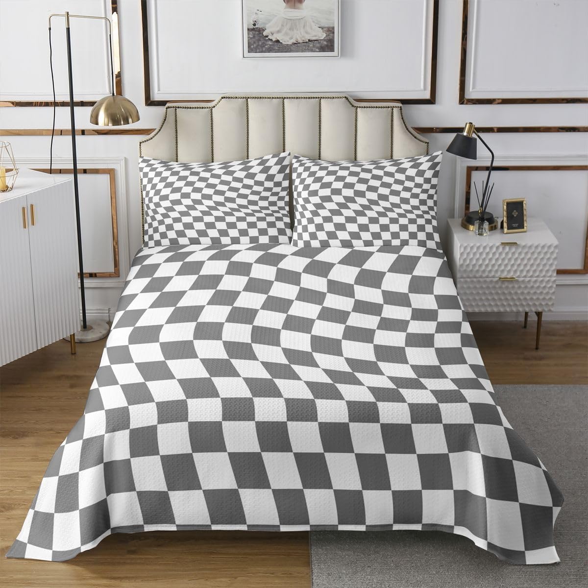 Castle Fairy Dark Navy Blue Plaid Bedspread Queen Size,Checkered Grid Quilt Sets 3Pcs for Kids Teens Youth Room Decor,Checkered Grid Bedding Sets Modern Down Comforter,2 Pillowcases