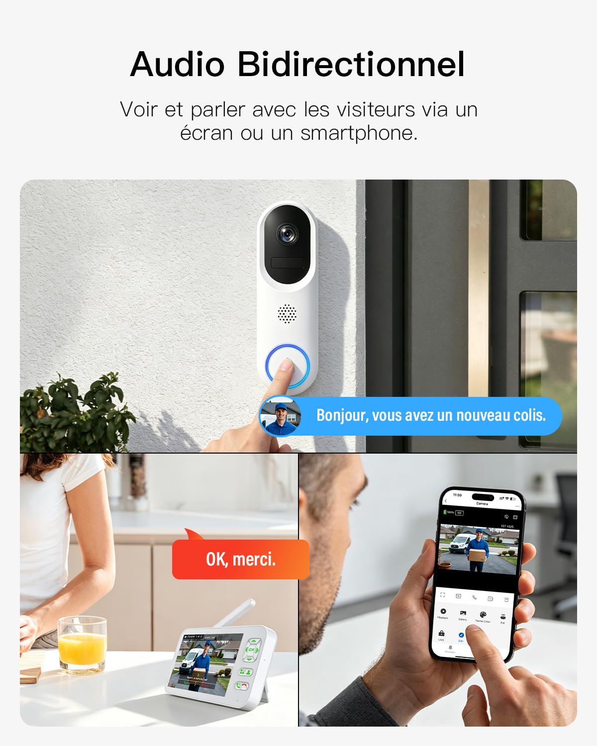 WiFi Visiophone sans Fil, 1080P Interphone Vidéo sans Fil, Étanche Sonnette avec Camera et Écran 5 Pouces, Aucun Abonnement, Vision Nocturne, Détection de Mouvement, Contrôle APP