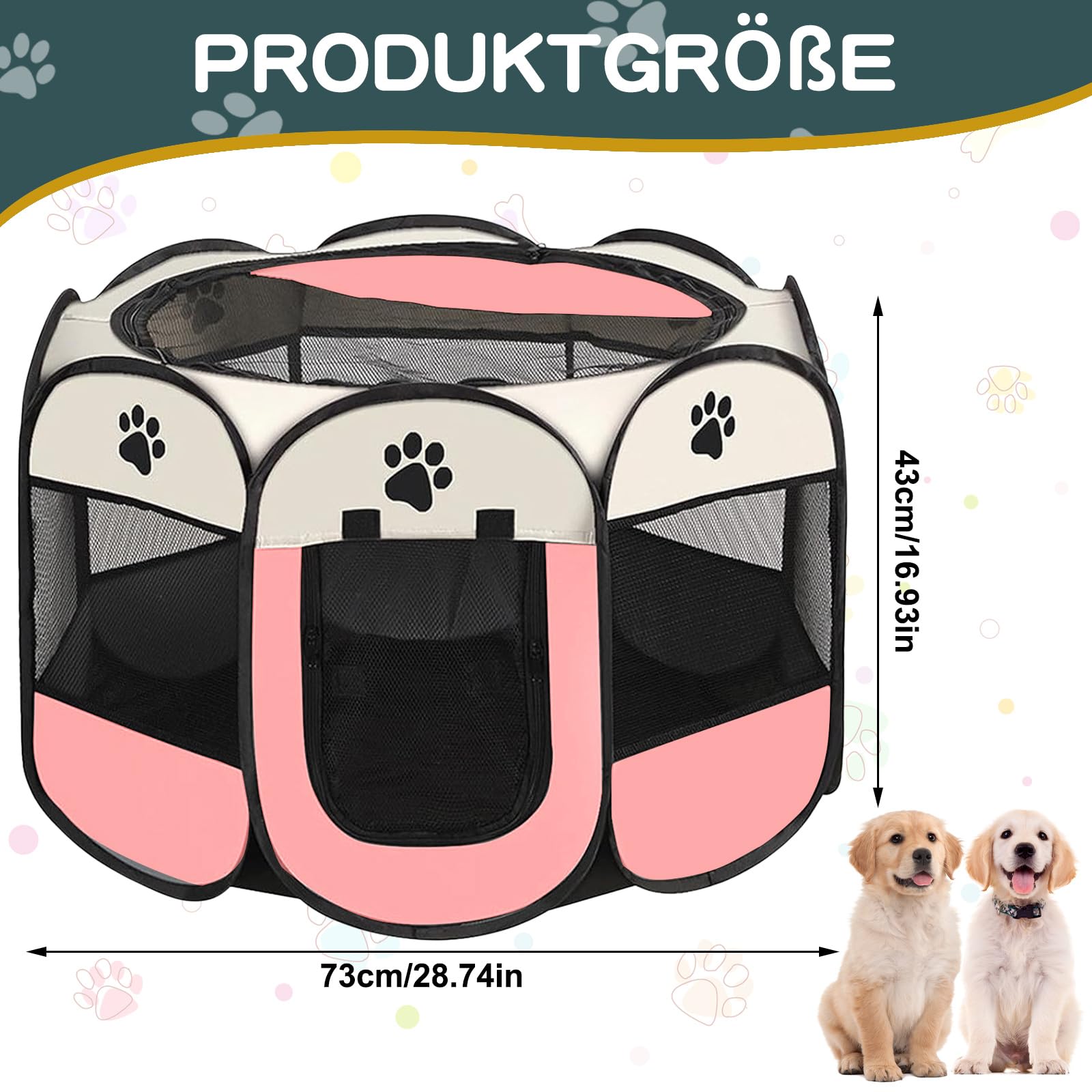 Welpenauslauf Faltbare Hundebox - 74x74x43cm Welpenlaufstall Faltbare hundezelt Katzengehege für Drinnen Outdoor Hundekäfig Kaninchen Laufstall Katze Hund Katzenzelt Kleintiergehege (Rosa)