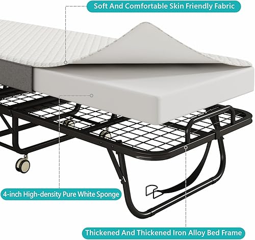 Miniatura 7 de Cama plegable con colchón para adultos, cama plegable tamaño cuna portátil de 75 x 31 pulgadas, cama plegable con marco de metal con colchón de