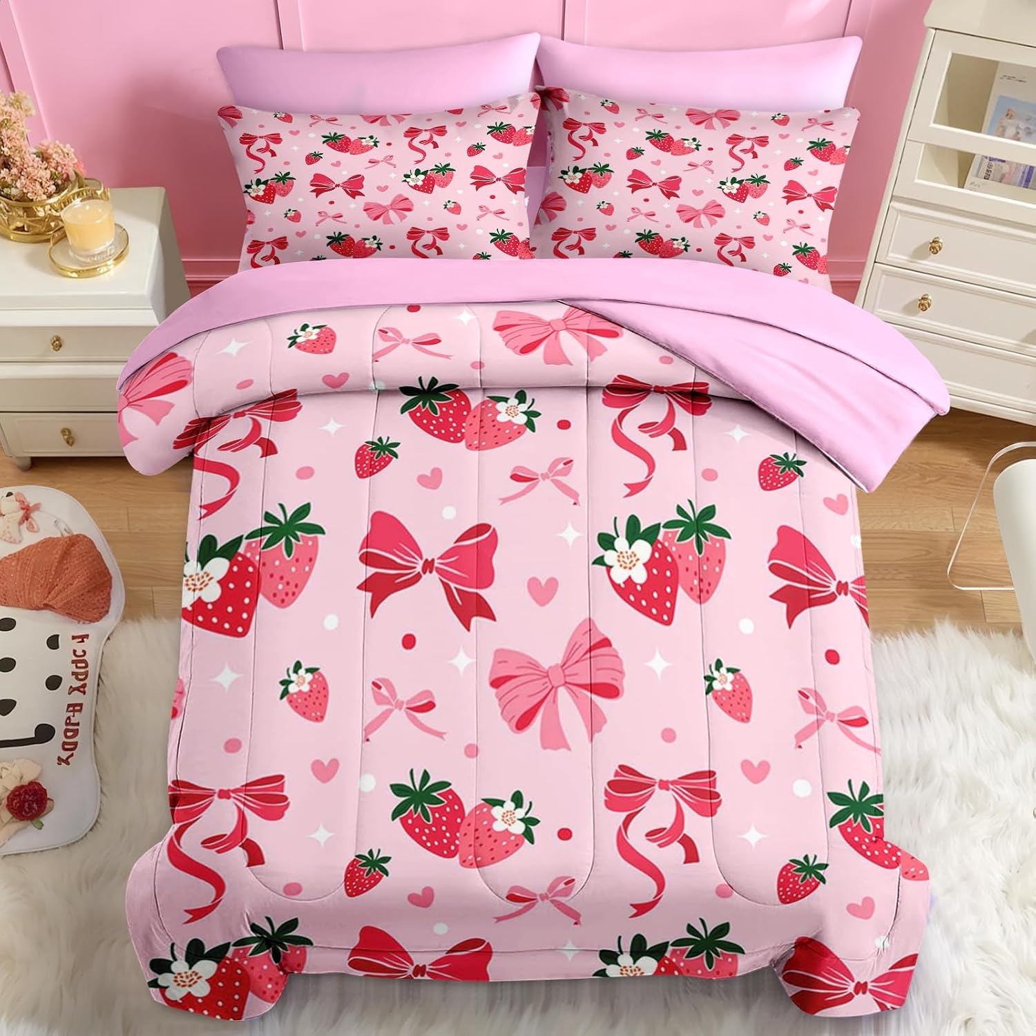 Nesker Bow Comforter Set Full Size, 7 Pieces Bed in a Bag, Pink Bow Bedding Set for Girls, Kawaii Strawberry Comforter Set with 2 Pillowcase & 2 Sham