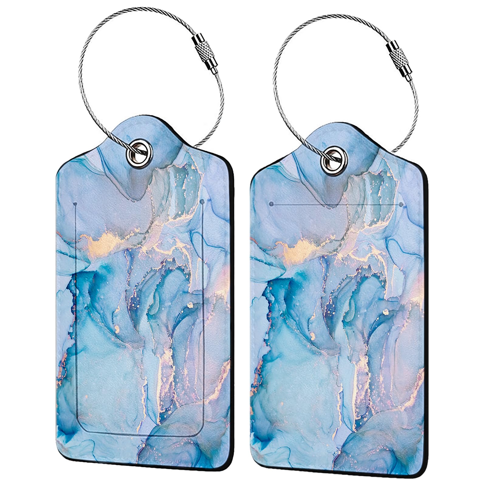 Blue Gold Marble 2 Pack Luggage Tag for Suitcase, Cute Unique Leather Bag Tags Identifiers Privacy Cover ID Label with Steel Loop for Women Men Kids