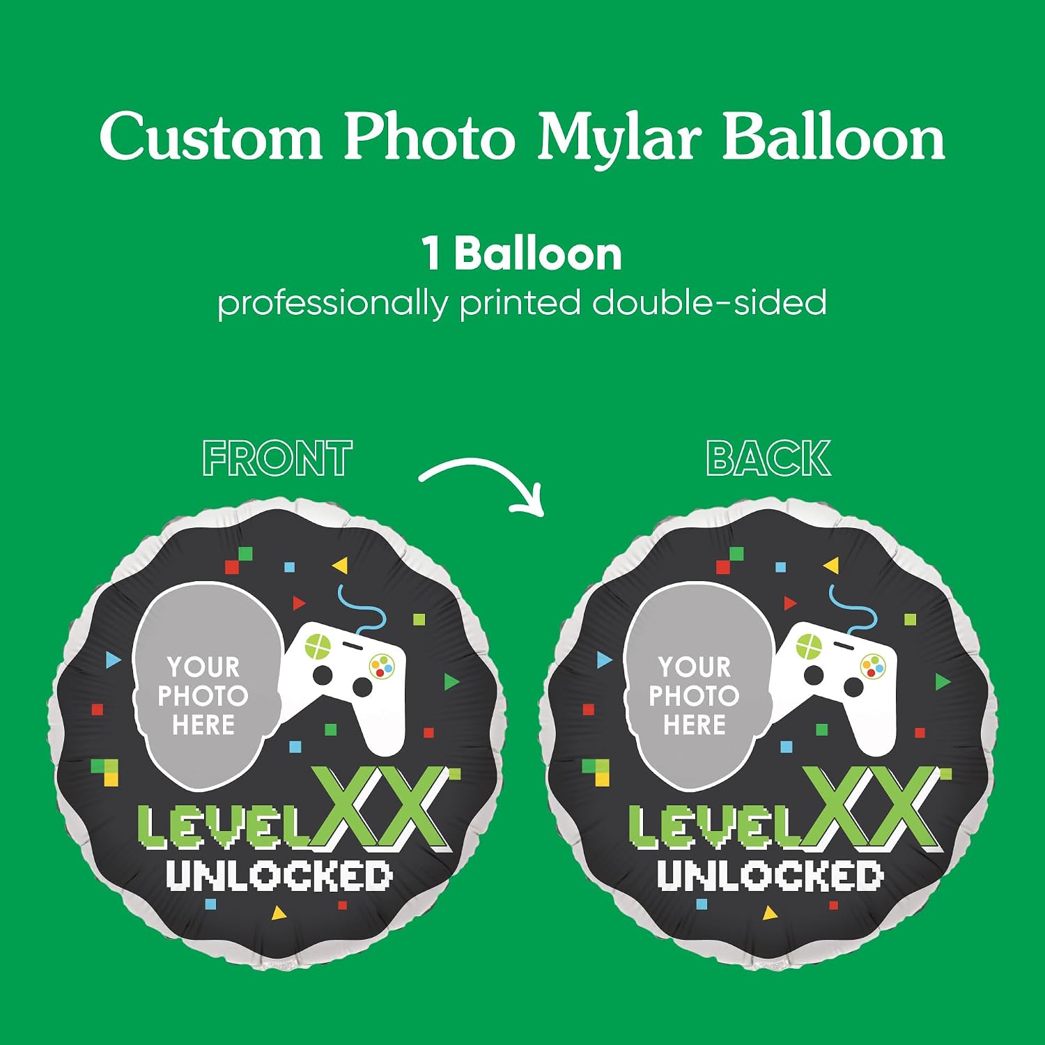 Big Dot of Happiness Personalized Video Game Fun Face Photo Balloon, Pixel Game Zone Birthday Party Decoration, Custom Age Double-Sided Circle Mylar, 1 Piece