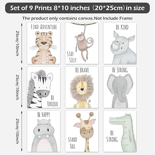 Miniatura 2 de Whaline 9 piezas de decoración de pared de safari para bebé, citas inspiradoras, impresión de papel, león, elefante, tigre, arte de acuarela
