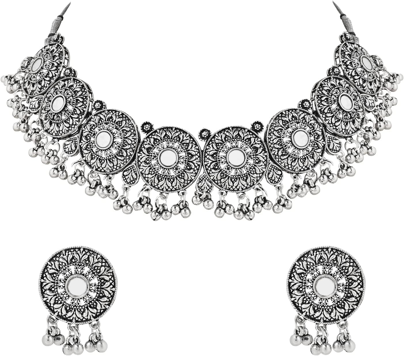 I Jewels Antique Silver Oxidized Ethnic Indian Wedding Bollywood Afghani Choker Necklace Jewellery With Earrings Set for Women (MC140-5OX)