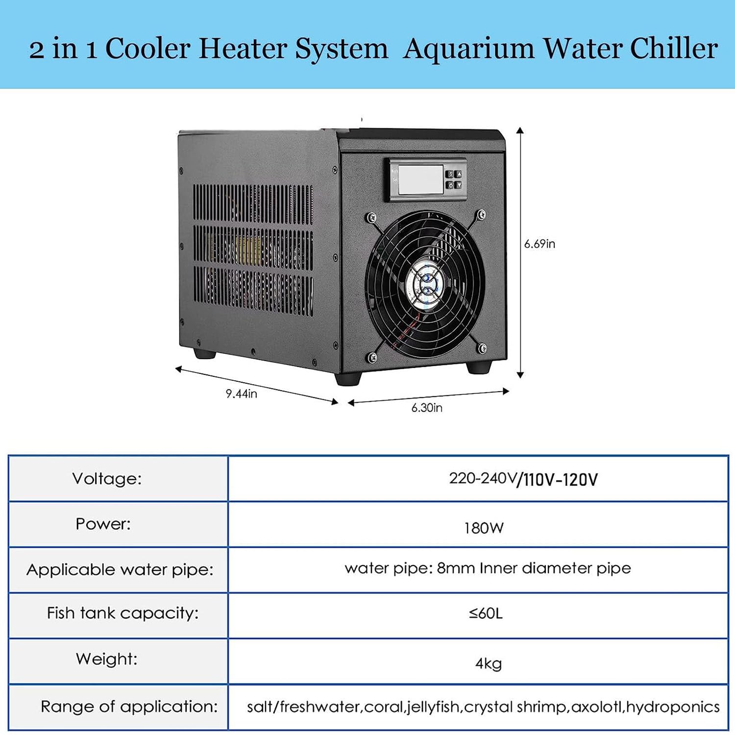 Enfriador de Agua de Acuario Enfriador Pecera 60L Calentador y Refrigeración de Tanque de Peces enfriamiento de Tanque de Peces con Bomba + Manguera 10-40 ℃