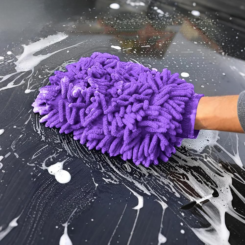 Car Wash Mitt Chenille Microfiber Wash Mitt Double Sided Glove Scratch Free Lint-Free, Cleaning Drying Mitts(6.1" x 9.4", Purple)