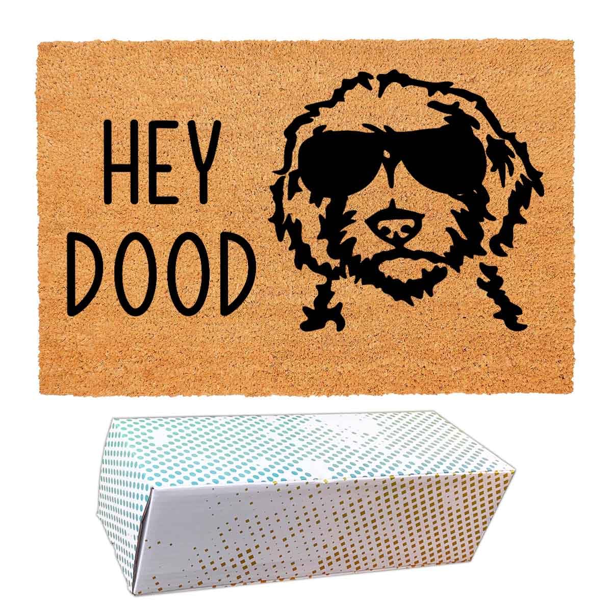 Funny Coir Doormat Hey Dood Golden Doodle Dog Welcome Front Porch Decor Doormat for The Entrance Way Personalized Rugs with Heavy-Duty PVC Backing Non Slip Outdoor Coir Doormat 23.6 x 15.7 inch