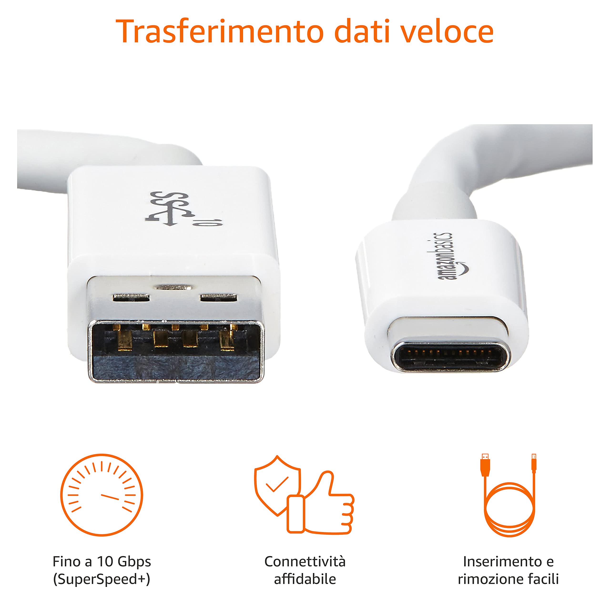 Amazon Basics Cavo di ricarica rapida adattatore da USB-C a USB-A 3.1 Gen 2, alta velocità 10 Gbps, certificato USB-IF, per Apple iPhone 16/15, iPad, Samsung Galaxy, tablet, laptop, 0.9 m, bianco