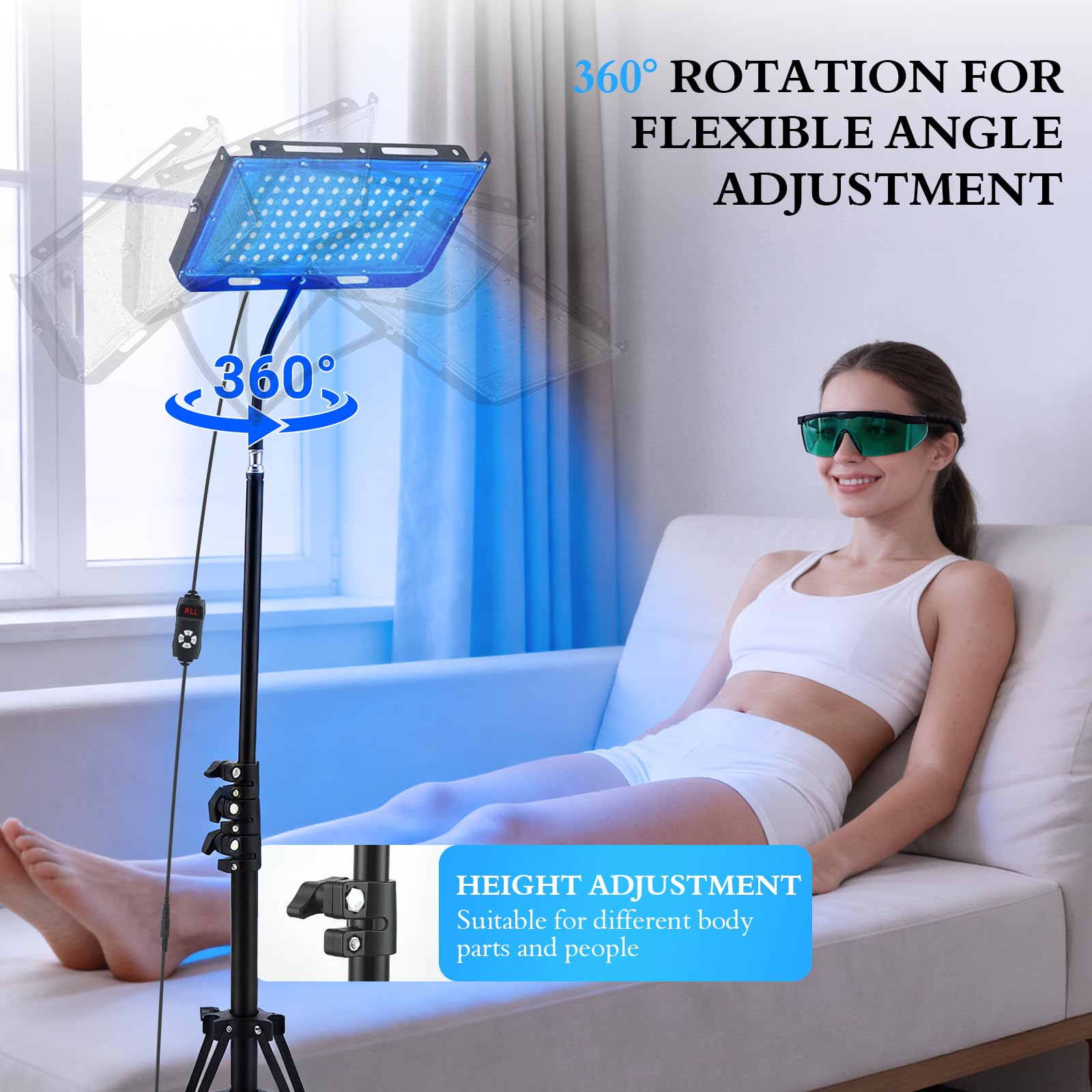 Lámpara de Bronceado 460nm 50W, Solarium para el Hogar con 5 Niveles de Luminosidad y 4 Temporizadores, 225 LEDs, Altura y Ángulo Ajustables, lámpara de bronceado para Rostro y Cuerpo