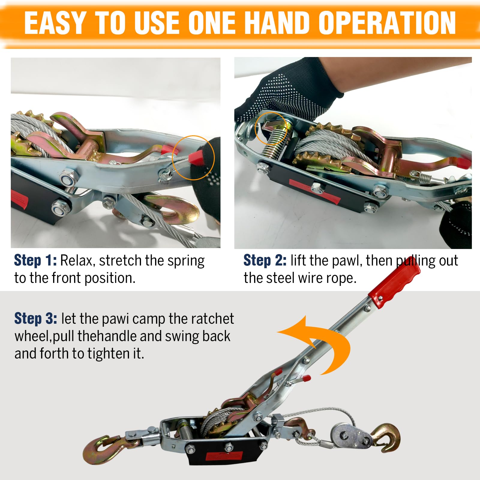 Handhebelseilzug 5 Tonnen Tragfähigkeit,3,5 m Drahtseil,Seilzug mit Ratsche Hand Power Puller,Anti-Reverse-Mechanismus,Seilwinde mit Sicherheitslasthaken,für Fahrzeug Rettung