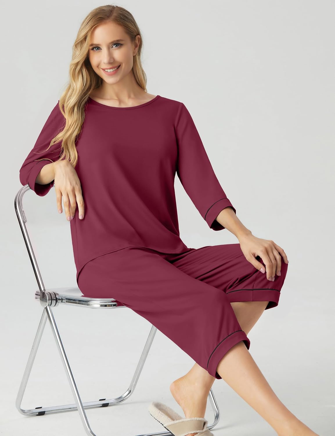 PrinStory Women's Pajama Set Capri Pjs Sets 2 Piece Soft Lounge Sets Sleepwear with Pockets - Image 2