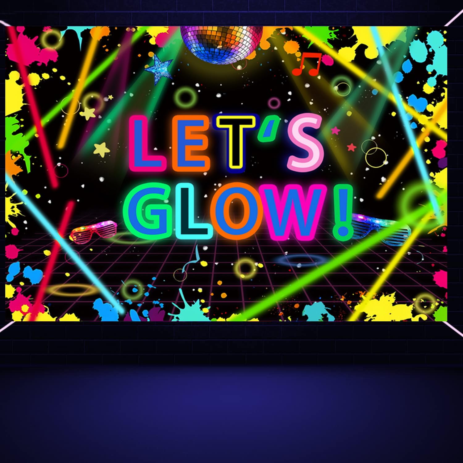 Neon Glow Party Decorations Supplies Backdrop Glow in The Dark Let’s Glow Banner Photography Background Birthday Sleppover Graffiti Splash Paint Black