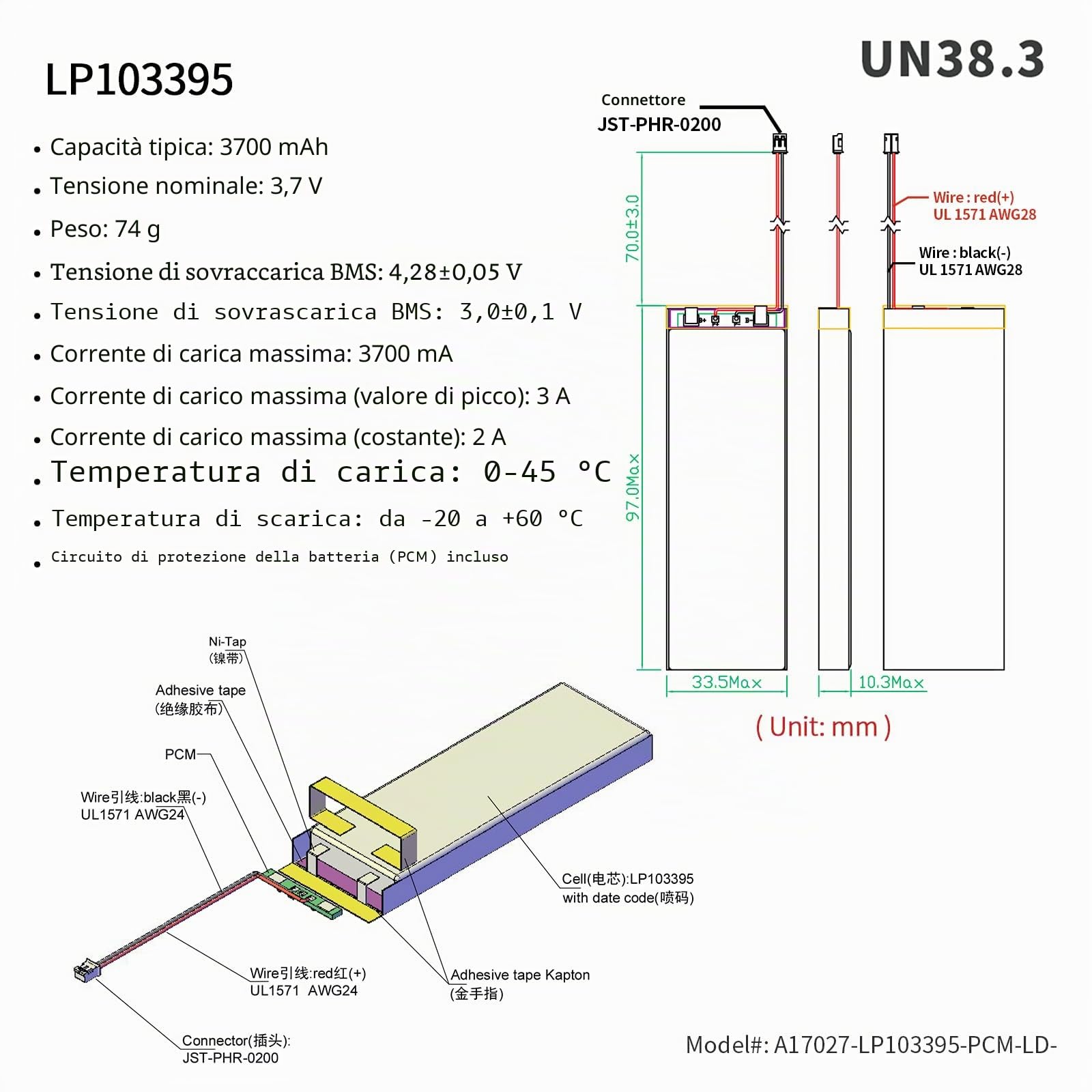 10X EEMB 3.7V 3700mAh Lipo Batteria 103395 Batteria ricaricabile ai polimeri di litio con connettore JST-Fai una polarità sicura del dispositivo corrispondente con la batteria prima dell'acquisto !!!