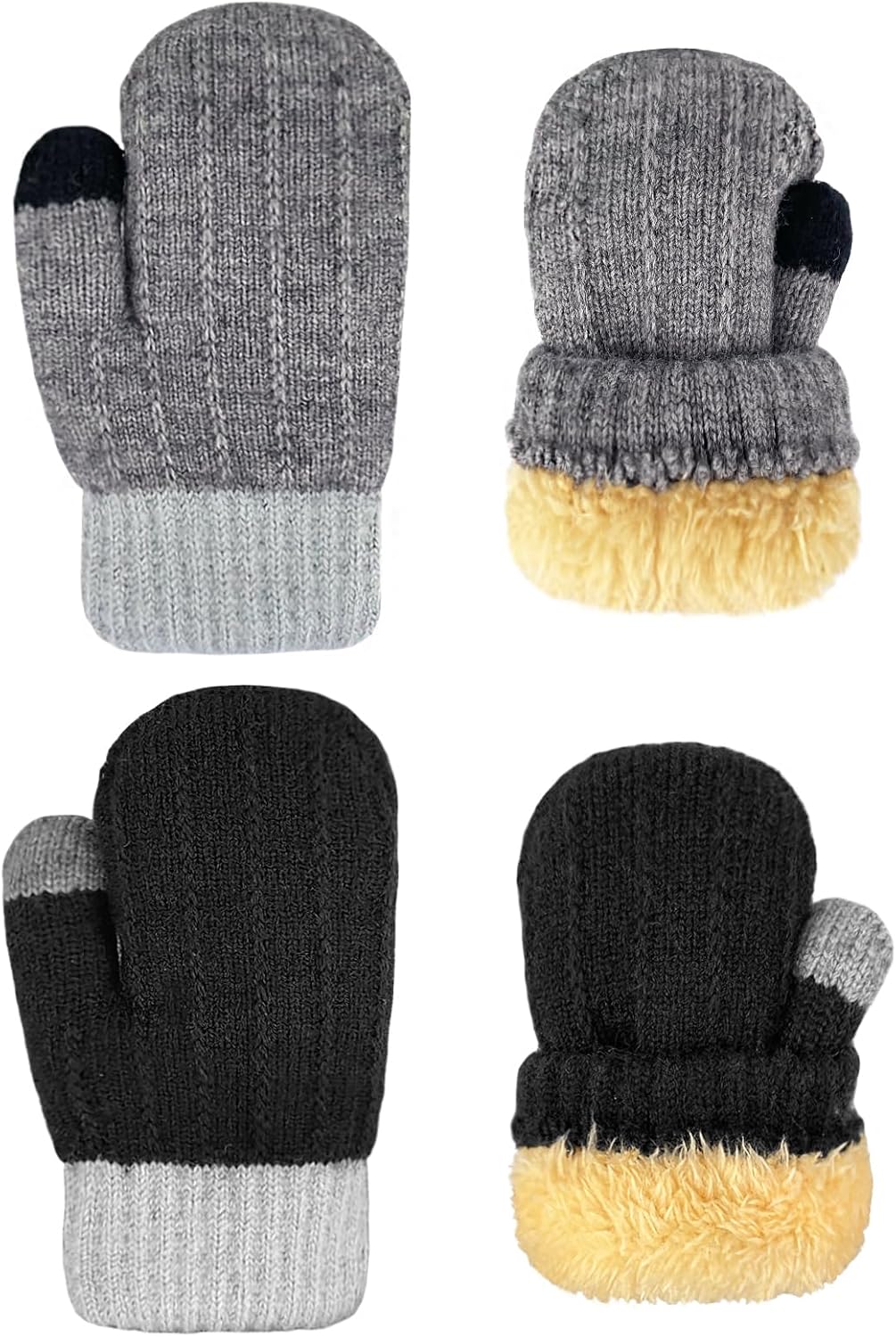 2 Pairs Winter Fleece Mittens for Kids Girls Boys Children Warm Knit Snow Cold Weather Gloves Gifts 2-6 Years