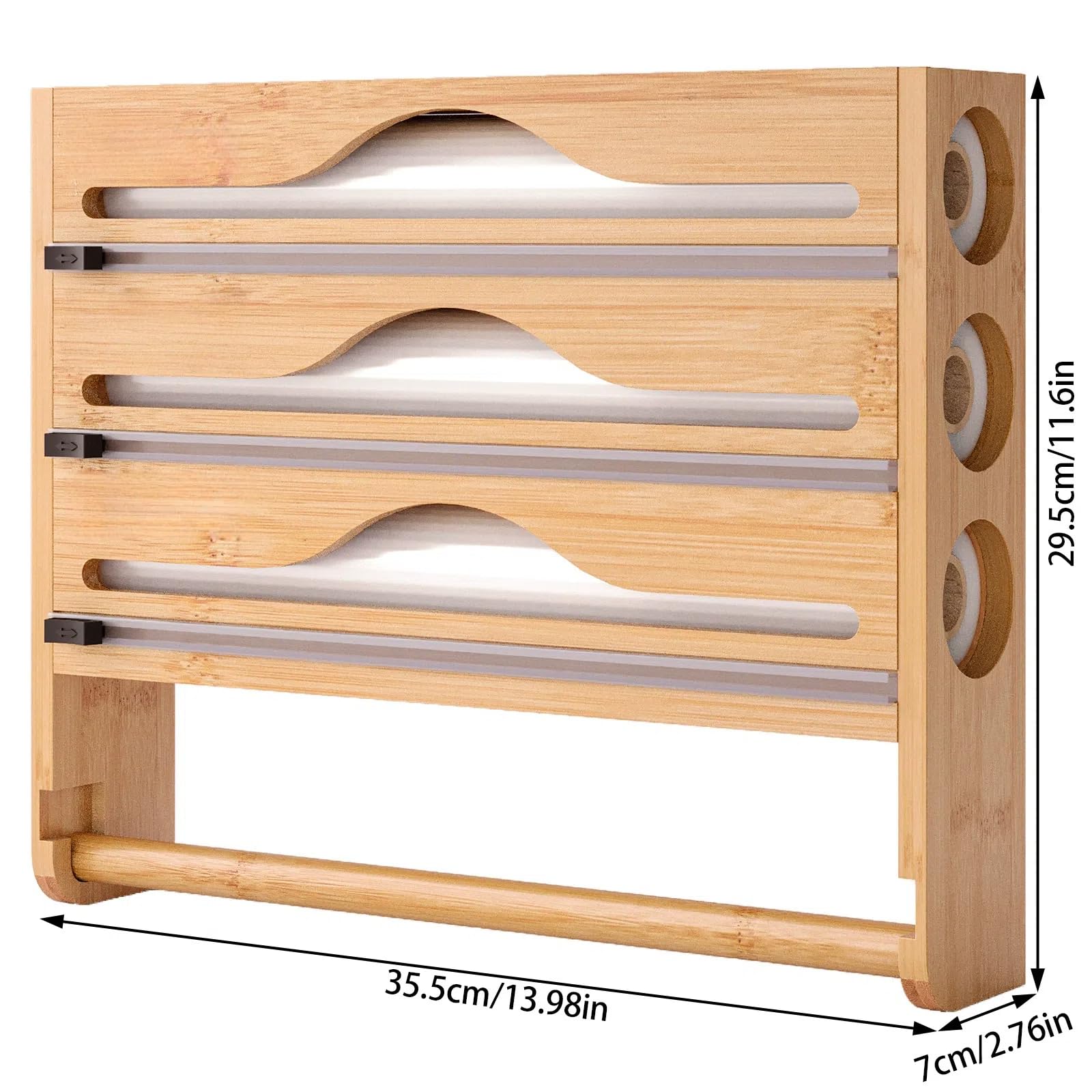 Frischhaltefolienspender und -schneider mit Küchenrollenhalter, Folienspender mit Papierhalter, Wandmontage, Bambusfolie und Frischhaltefolienspender, kompatibel mit 30,5 cm Rollen oder unteren Rollen