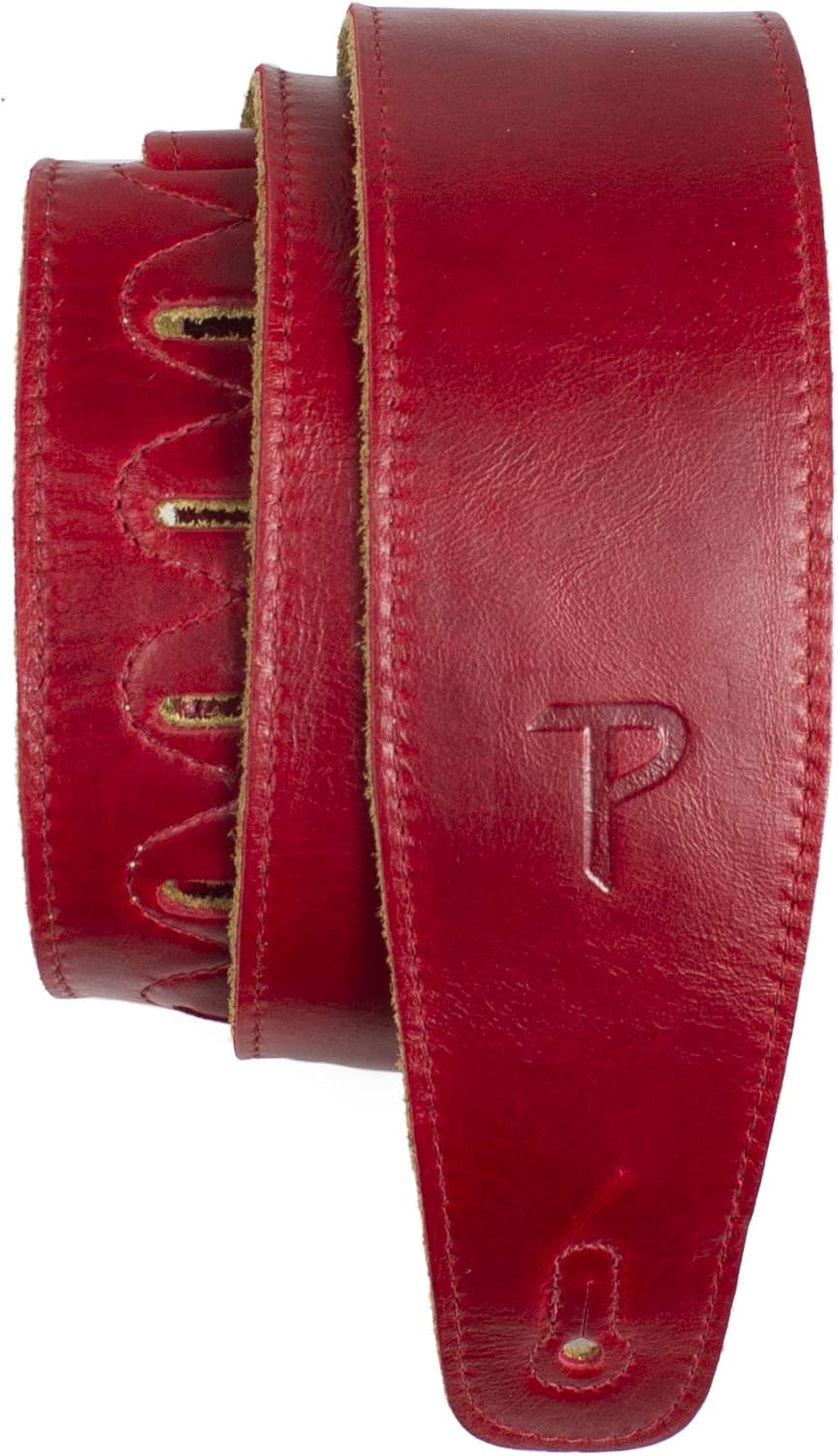 Perri's Leathers, Leather Guitar Strap with Super Soft Suede Backing, Cherry Red, Anti-Slip, Classic, Suitable for Each Level, Adjustable from 41" to 56" Inch, Compatible with All Button Lock Systems