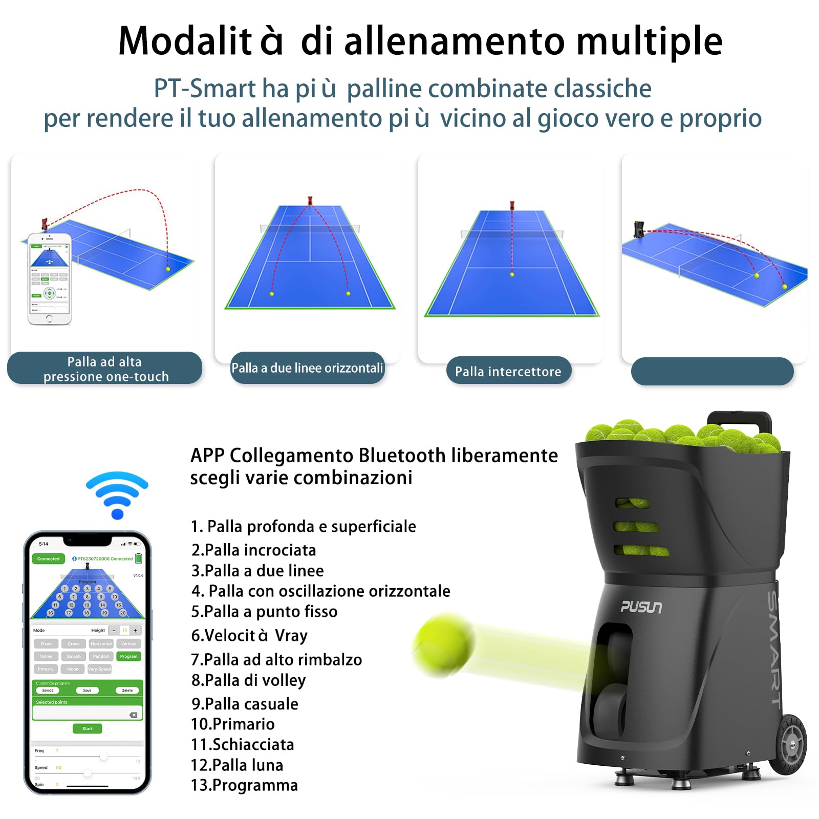 PT-Smart - Macchina per palline da tennis con app, telecomando | Lanciatore elettronico portatile | Batteria 4-6 ore | Oscillazione con Topspin e Backspin | Attrezzatura per allenamento per adulti |