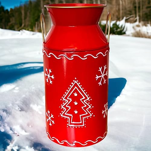 Miniatura 6 de Jarrón alto decorativo de Navidad con tema de invierno, metal, rojo y blanco, pinos y copos de nieve, decoración moderna de casa de campo, negocios,
