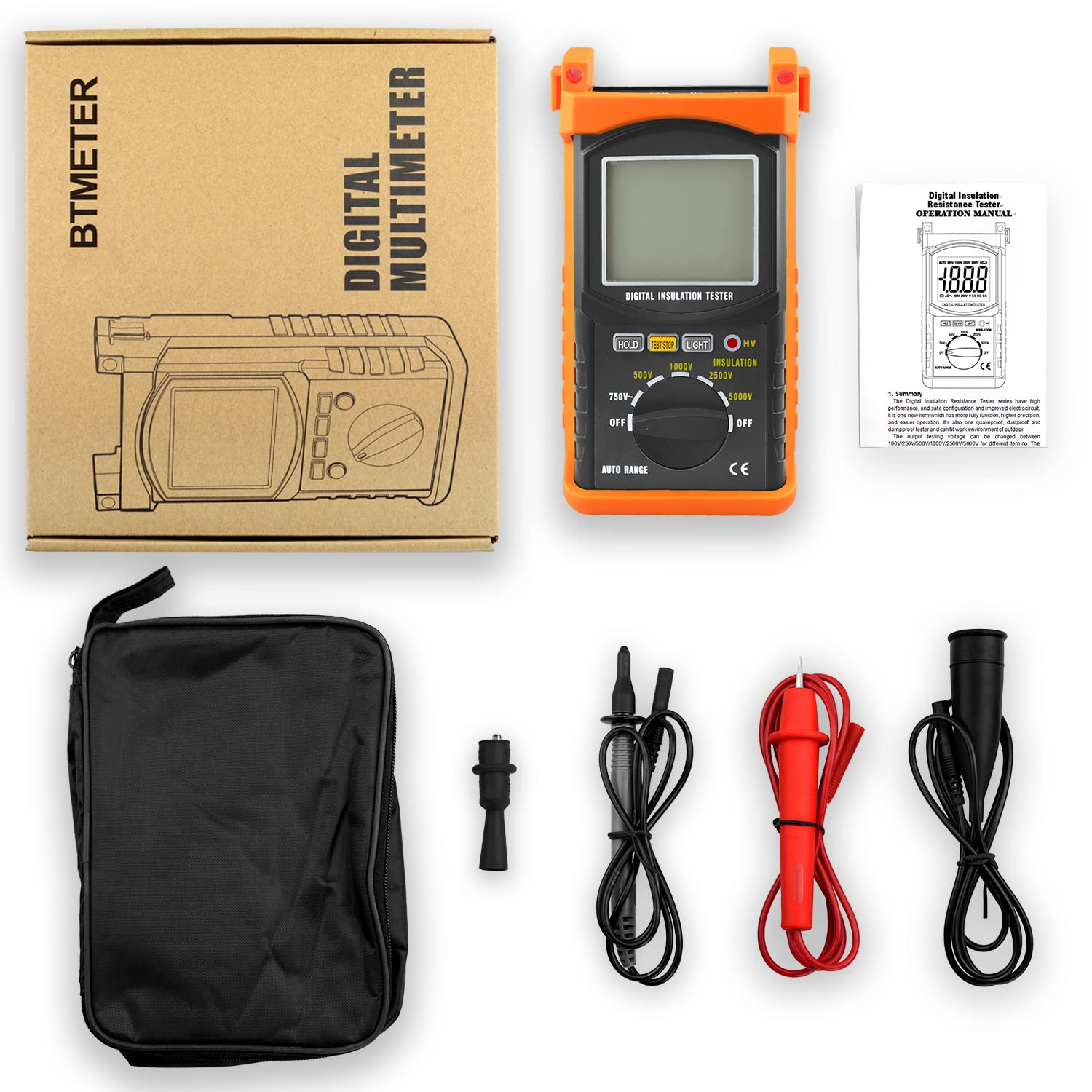 BTMETER Megaohmmetro 200 Gig Ohm Tester di Resistenza di Isolamento Digitale, Tensione di Prova 500V/1kV/2.5kV/5kV, Auto Ranging, Display Retroilluminato