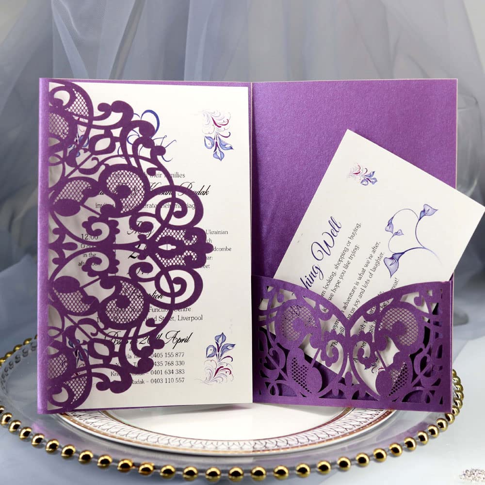Delikatna romantyczna karta z zaproszeniem na przy Koperty - 50 sztuk zaproszeń czystych - personalizowane zaproszenia papierowe na przyjęcie zaręczynowe lub eleganckie zaproszenia(Purple,Blank)