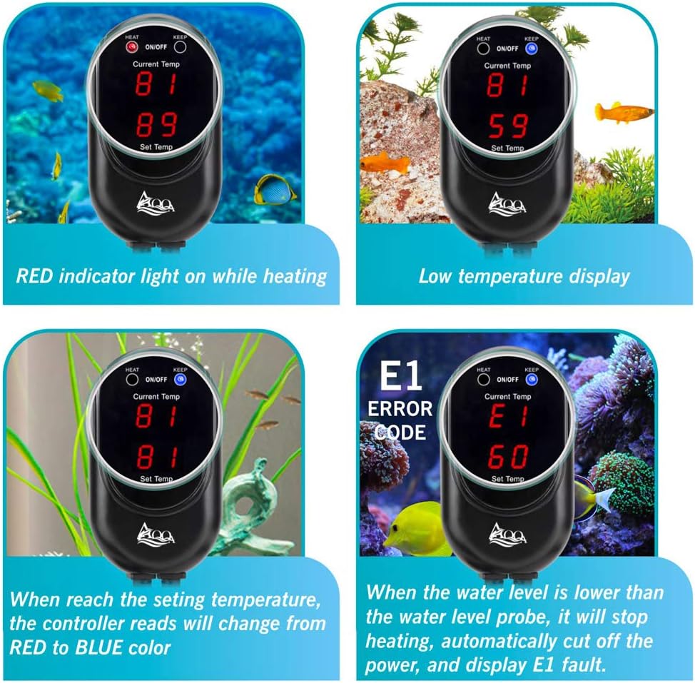 AQQA Aquarium Heater controller displaying various operational states and error codes.