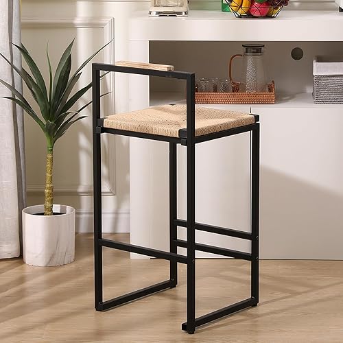 Miniatura 5 de Juego de 2 taburetes de bar tejidos, taburetes de bar de ratán, sillas de cocina de mimbre con reposapiés para bar, cocina, sala de estar, sillas de