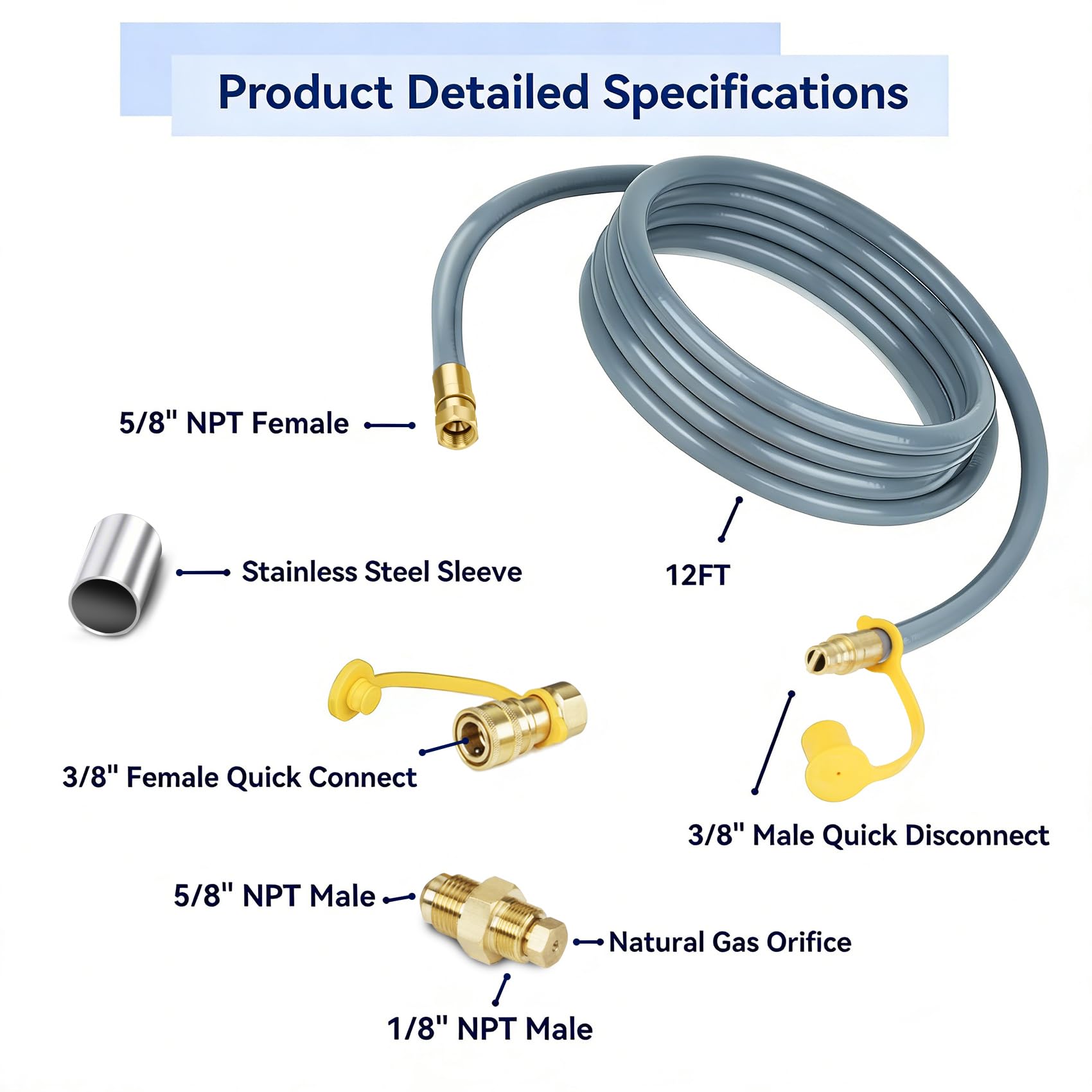 Skyflame Kit de conversión de gas natural de 12 pies, manguera de electrodomésticos ID NG de 1/2 pulgada con conexión rápida, 60 K BTU, se adapta a hogueras, horno de pizza, generador, plancha