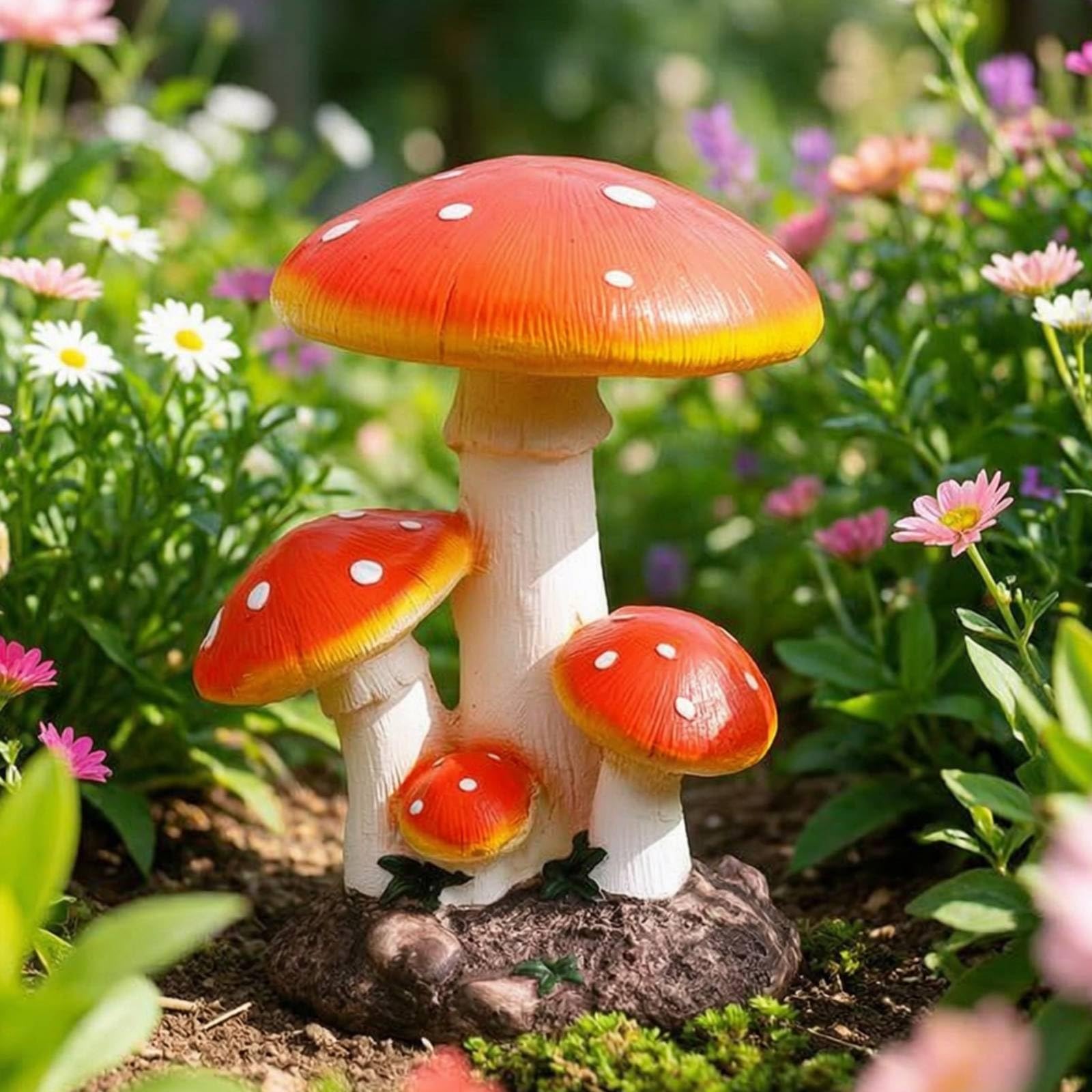 Pilz farbenprächtig Pilzfigur stabil Pilzskulptur für Gartenliebhaber, Hobbygärtner, Garten, Terrasse, Großer Dreistieliger Pilz