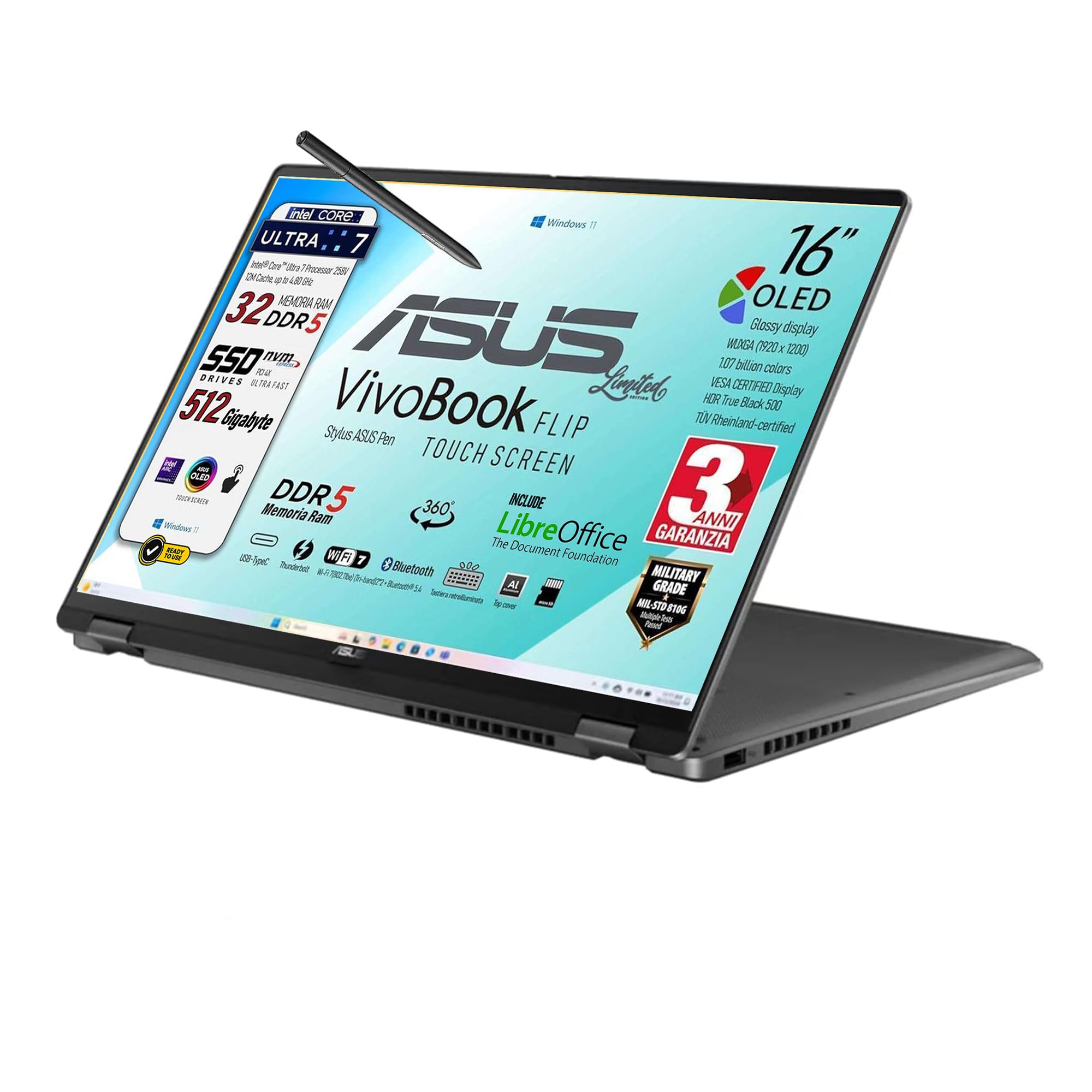 ASUS Vivobook 16 Flip OLED Touch 16", Ultra 7 258V, 32 Gb, Ready to use | Intel AI Boost NPU, Ram 32GB DDR5 8533MHz, Display OLED Touch screen, SSD 512GB, Win11, Tastiera Retroilluminata + Stylus Pen