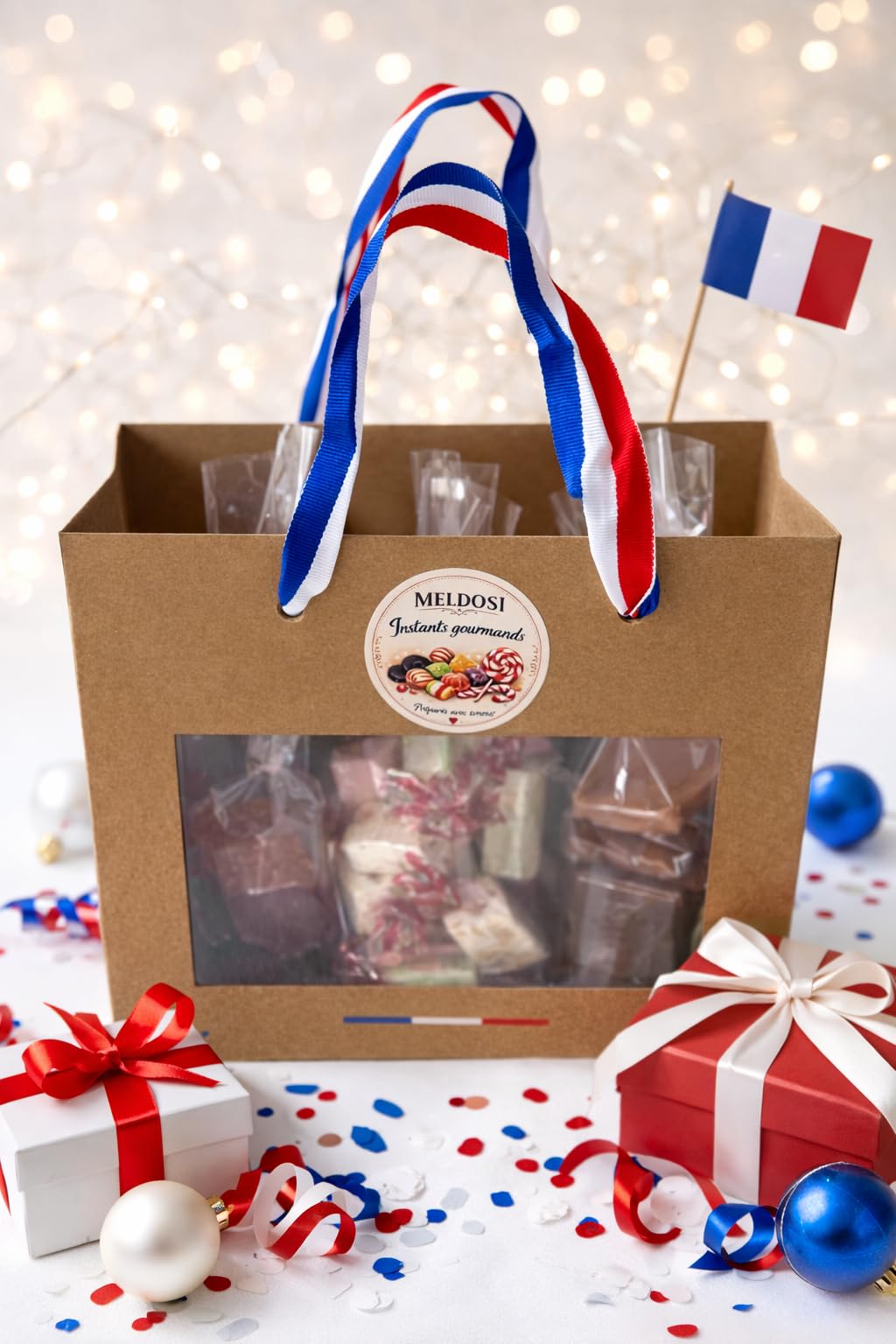 Meldosi Assortiment de Bonbons Traditionnels Français – Confiseries Artisanales, Pâtes de Fruits, Nougats, Caramels – Sachet coffret gourmand Élégant Prêt à Offrir