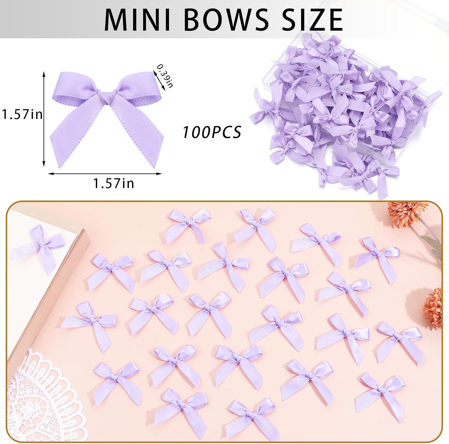 Purple Mini Bows 1.57” Small Satin Ribbon Bows for Cake Treats Premade Hair Bow for Crafts Gift Wrapping Balloons Party Decoration Sewing 100PCS - Image 2