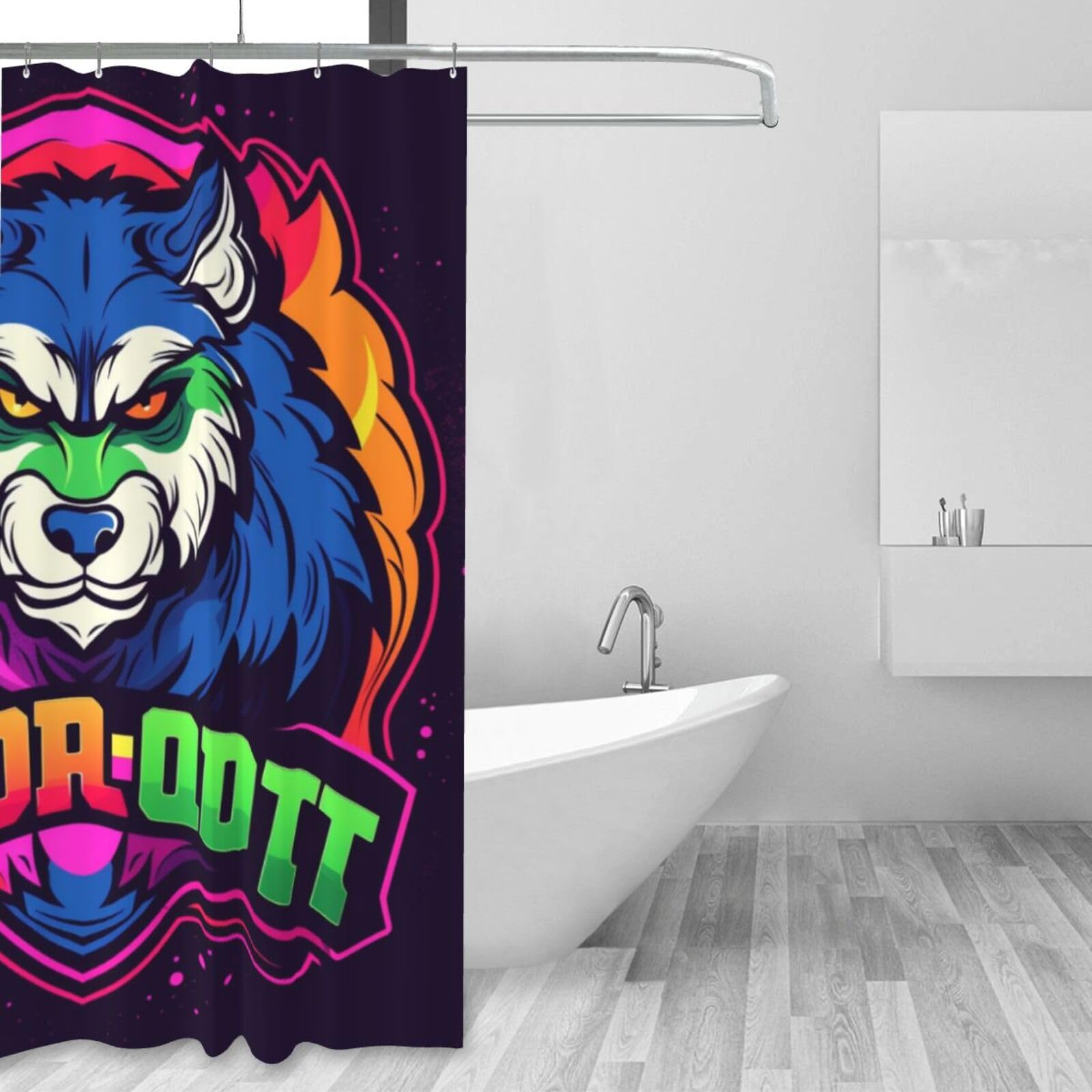 Cortina de ducha con estampado de cabeza de lobo azul y morado, 152 x 183 cm, cortina de ducha de tela de poliéster impermeable, decoración de bañera con 12 ganchos, secado rápido, lavable